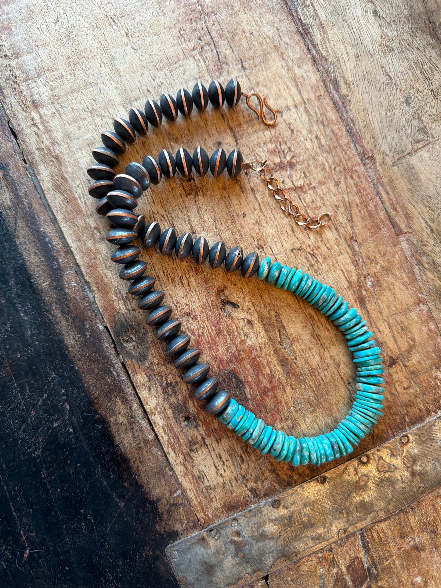 Hannah-Copper beaded necklace machine made with cloud Mountain Turquoise, 19 to 21 inches long with extended chain
