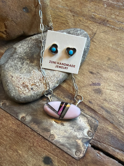 Nancy pink inlay bar necklace $220 18 1/2 inches heart stud earrings $22 ￼