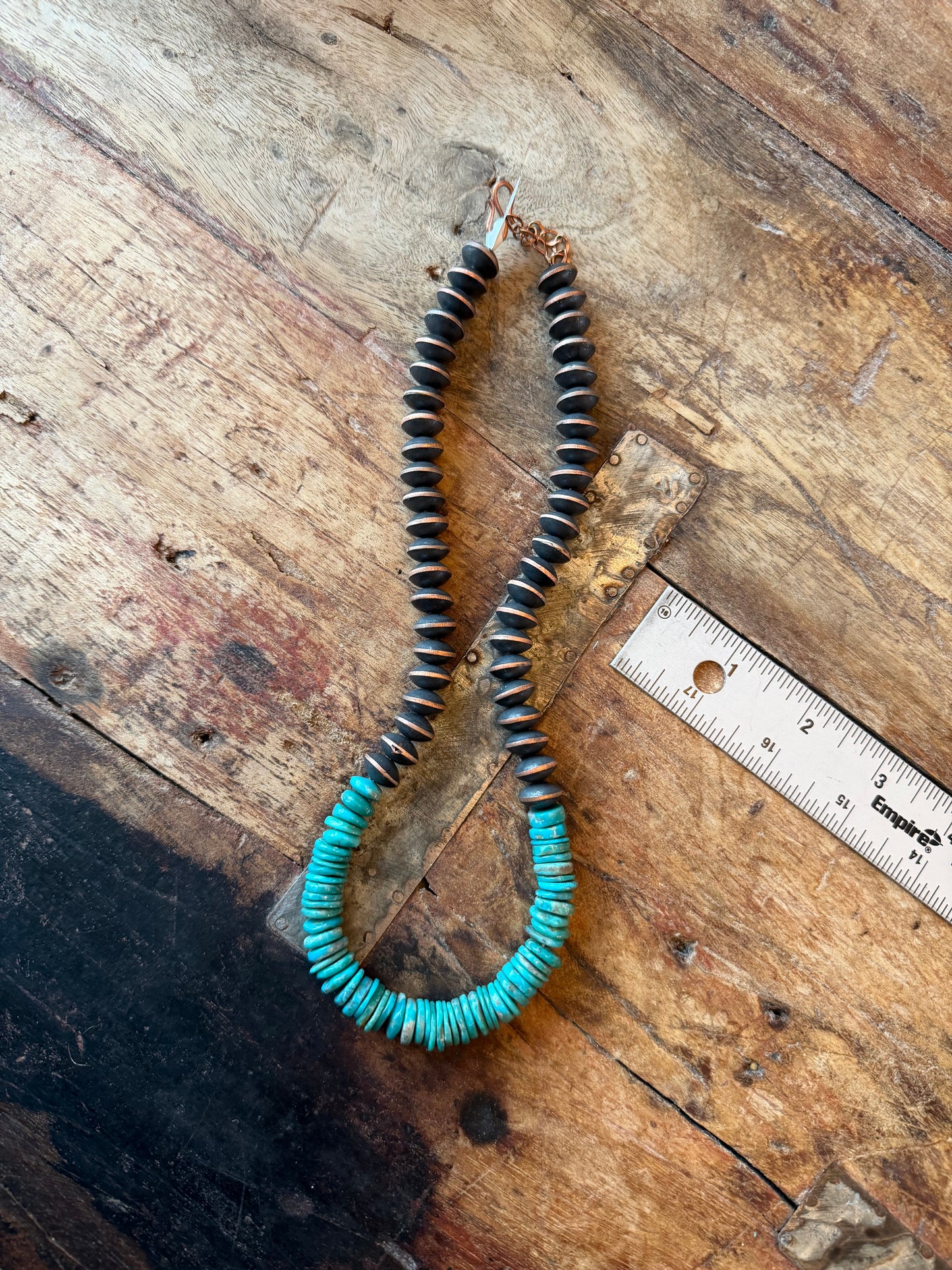 Hannah-Copper beaded necklace machine made with cloud Mountain Turquoise, 19 to 21 inches long with extended chain