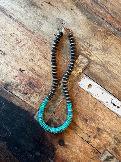 Hannah-Copper beaded necklace machine made with cloud Mountain Turquoise, 19 to 21 inches long with extended chain