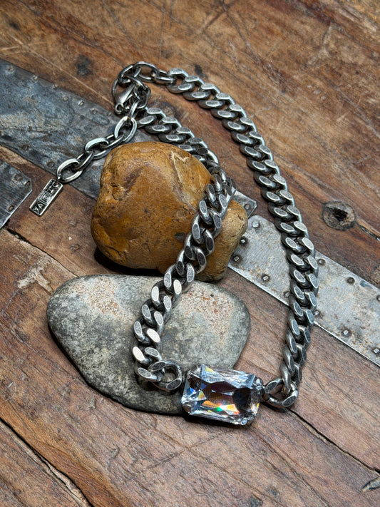 Sean - Tova Chain Necklace w Clear Crystal Stone - 15.5" to 19" Long