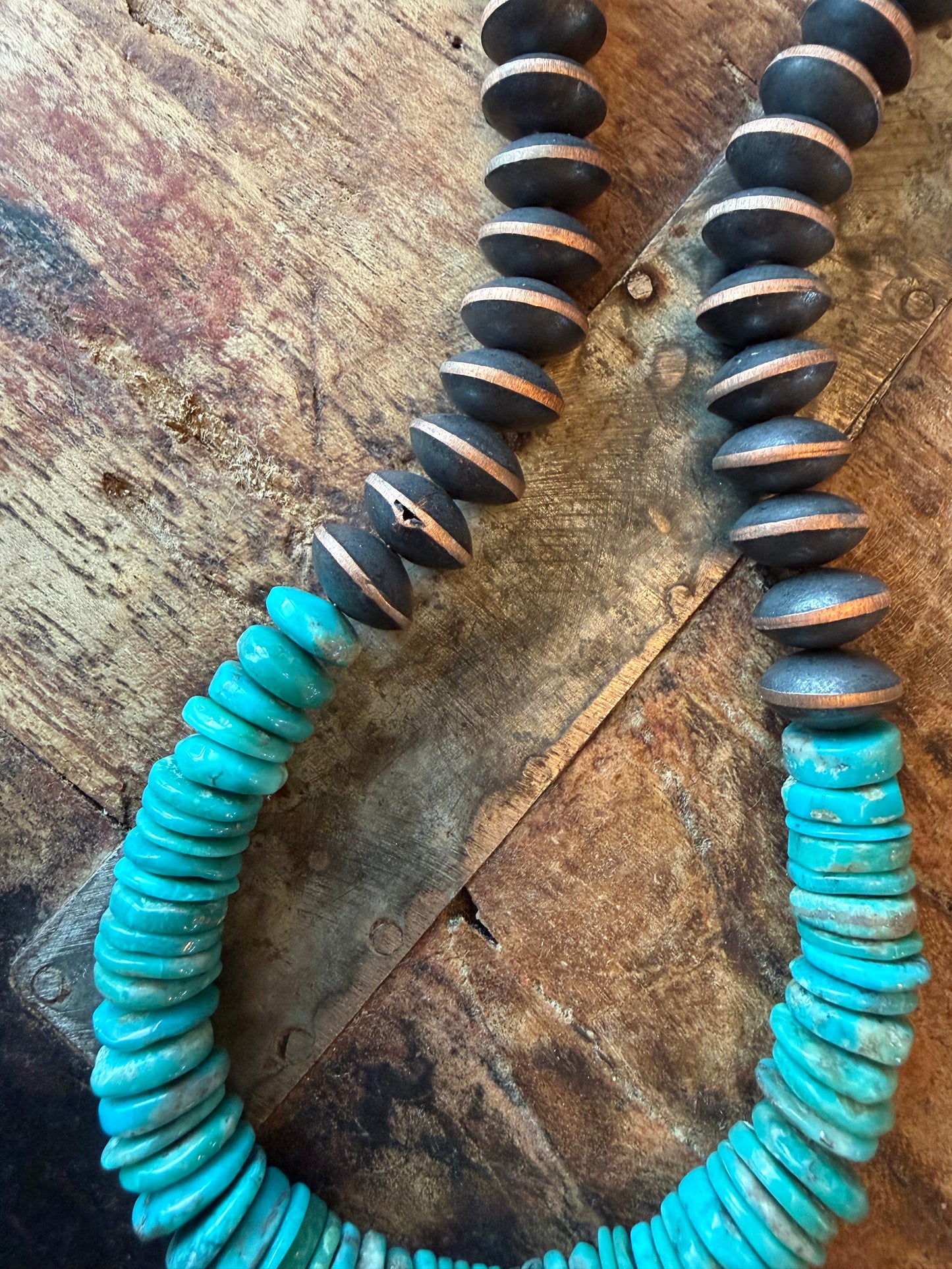 Hannah-Copper beaded necklace machine made with cloud Mountain Turquoise, 19 to 21 inches long with extended chain