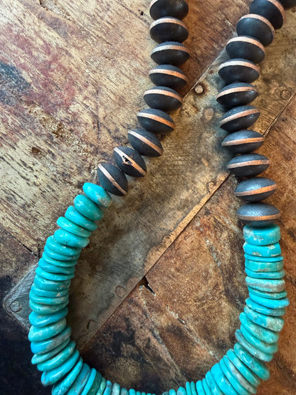 Hannah-Copper beaded necklace machine made with cloud Mountain Turquoise, 19 to 21 inches long with extended chain