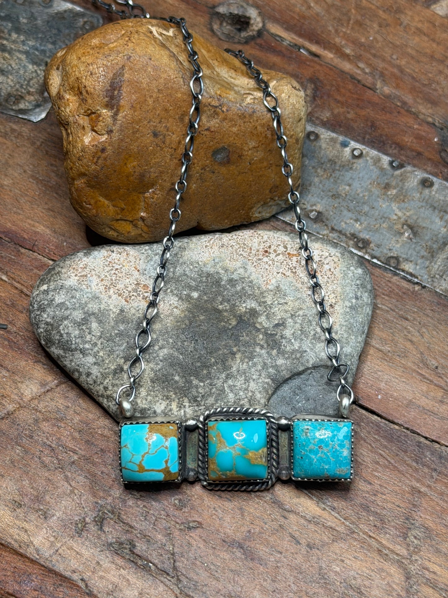Sonya - 3 Stone Turquoise Bar Necklace - 20" Long