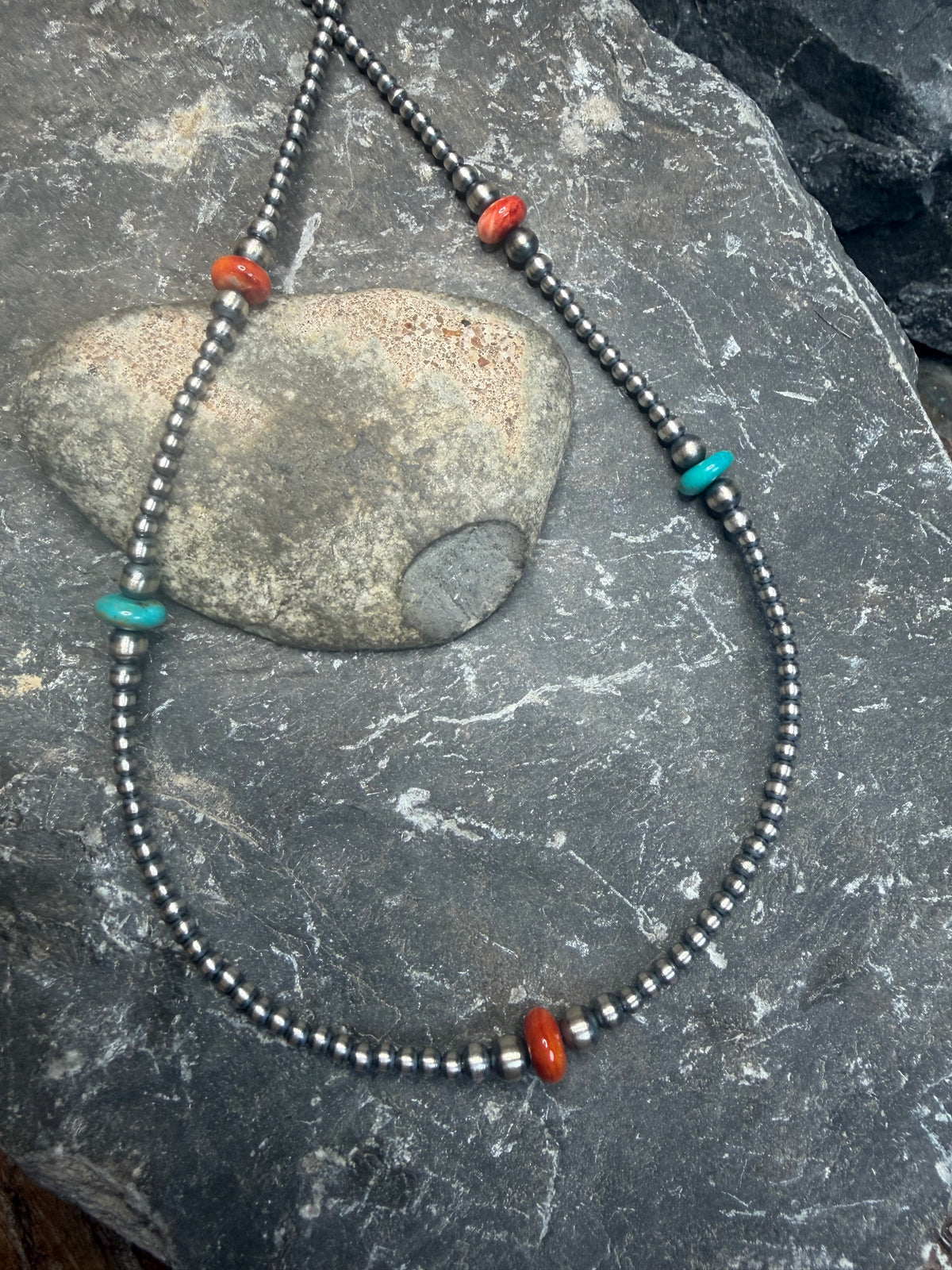 Kaylee - 3mm Machine Made Beaded Necklace w Turquoise and Spiny Stones - 18-3/8" to 20" Long