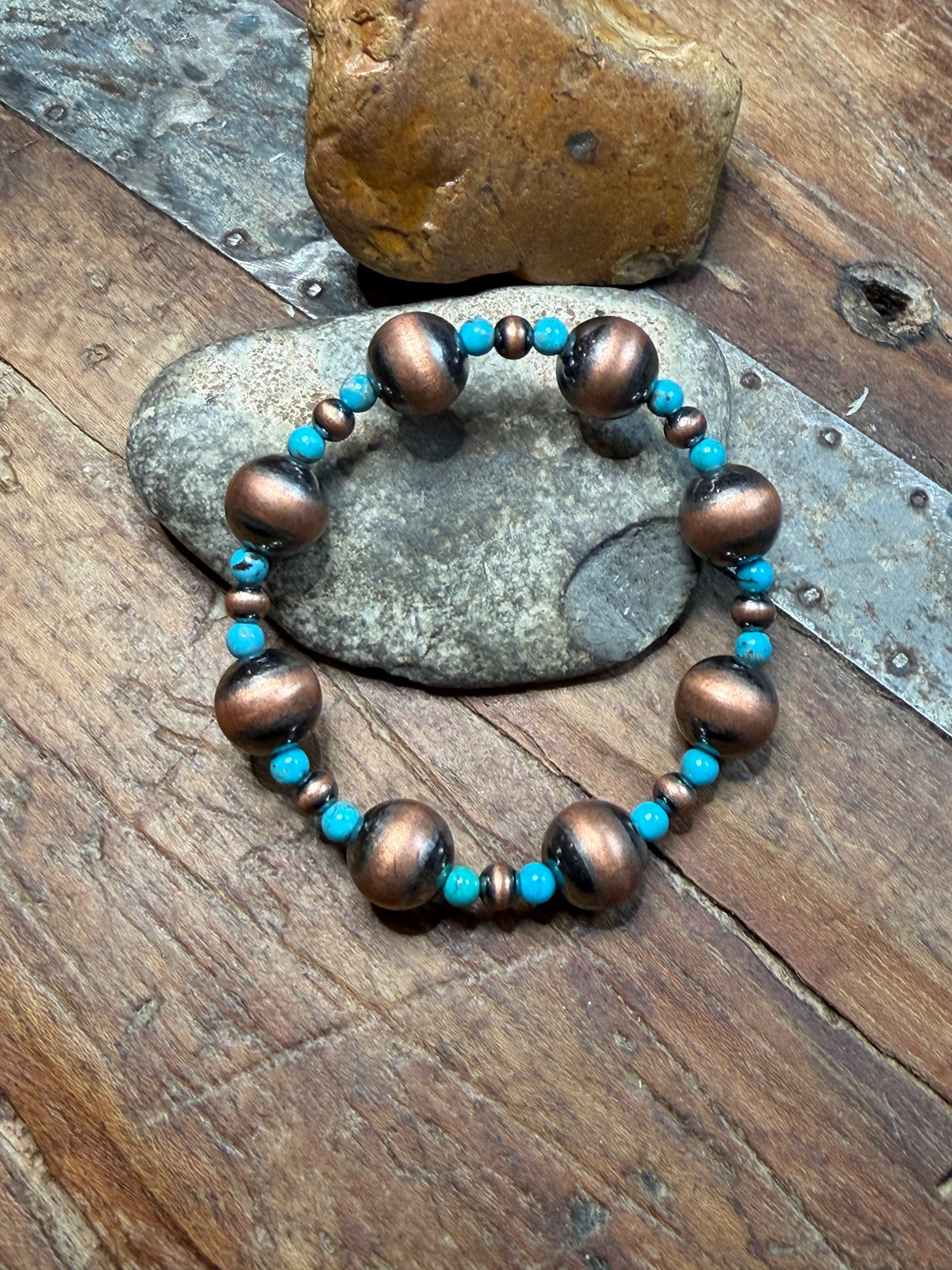 Annia - 11.86mm Machine Made Beaded Copper and Turquoise Stretchy Bracelet