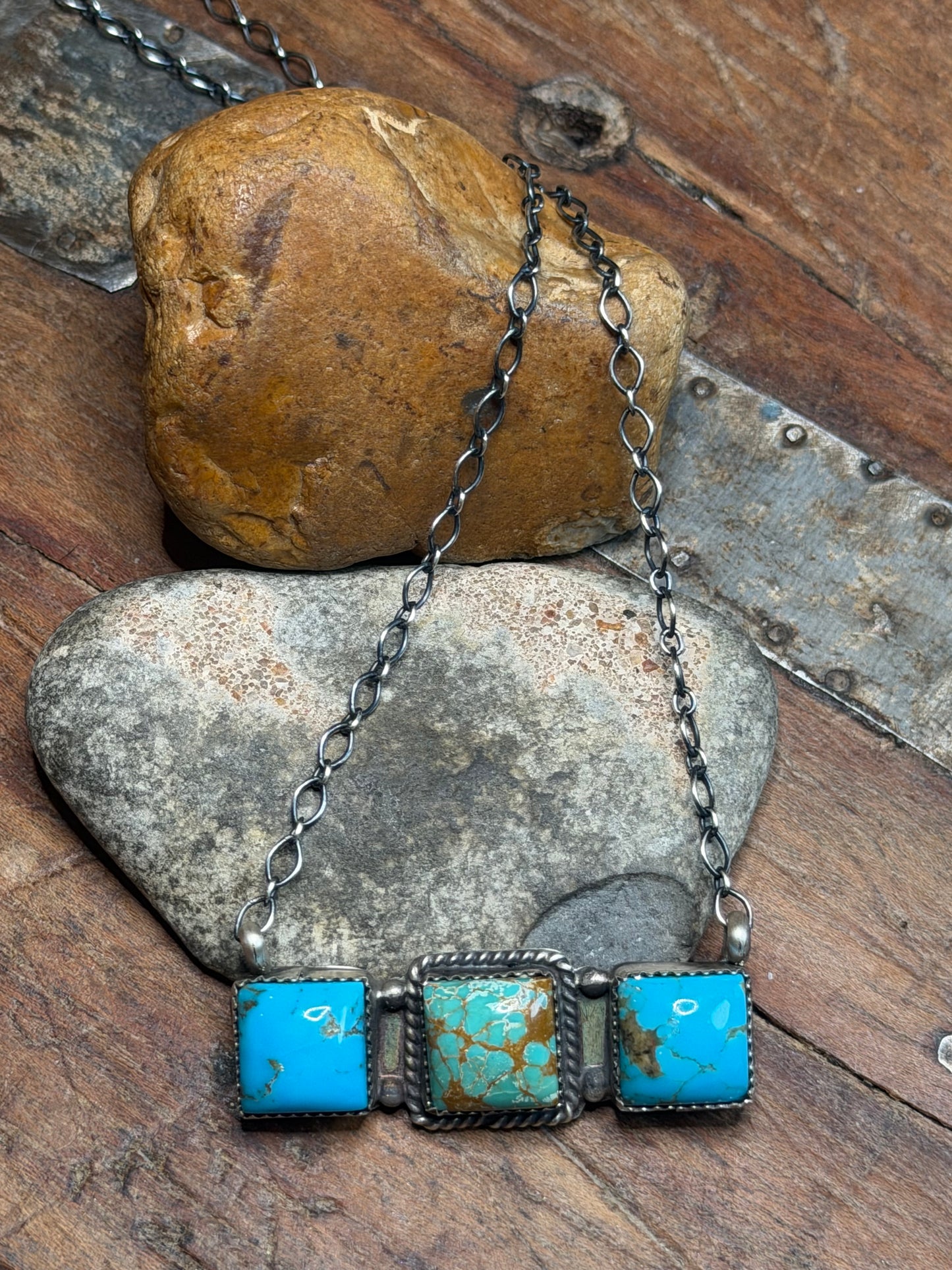 Wendy - 3 Stone Turquoise Bar Necklace - 20" Long