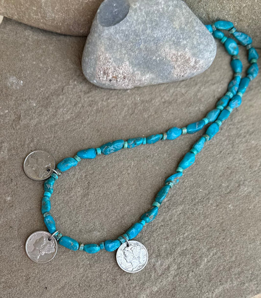 Turquoise and 3 mercury dime charms.
