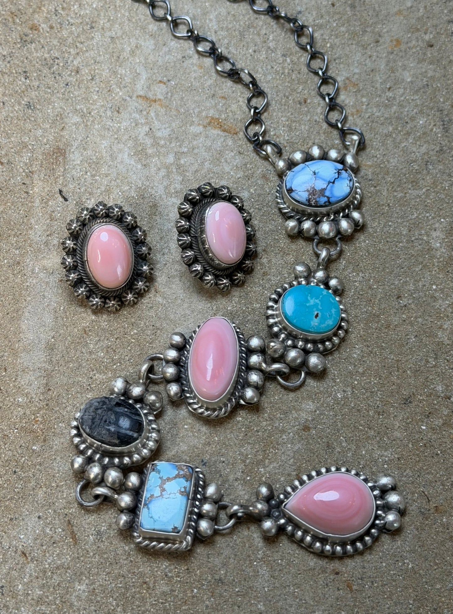 Sally - Multi Stone Lariat Necklace and Pink Conch Earrings
