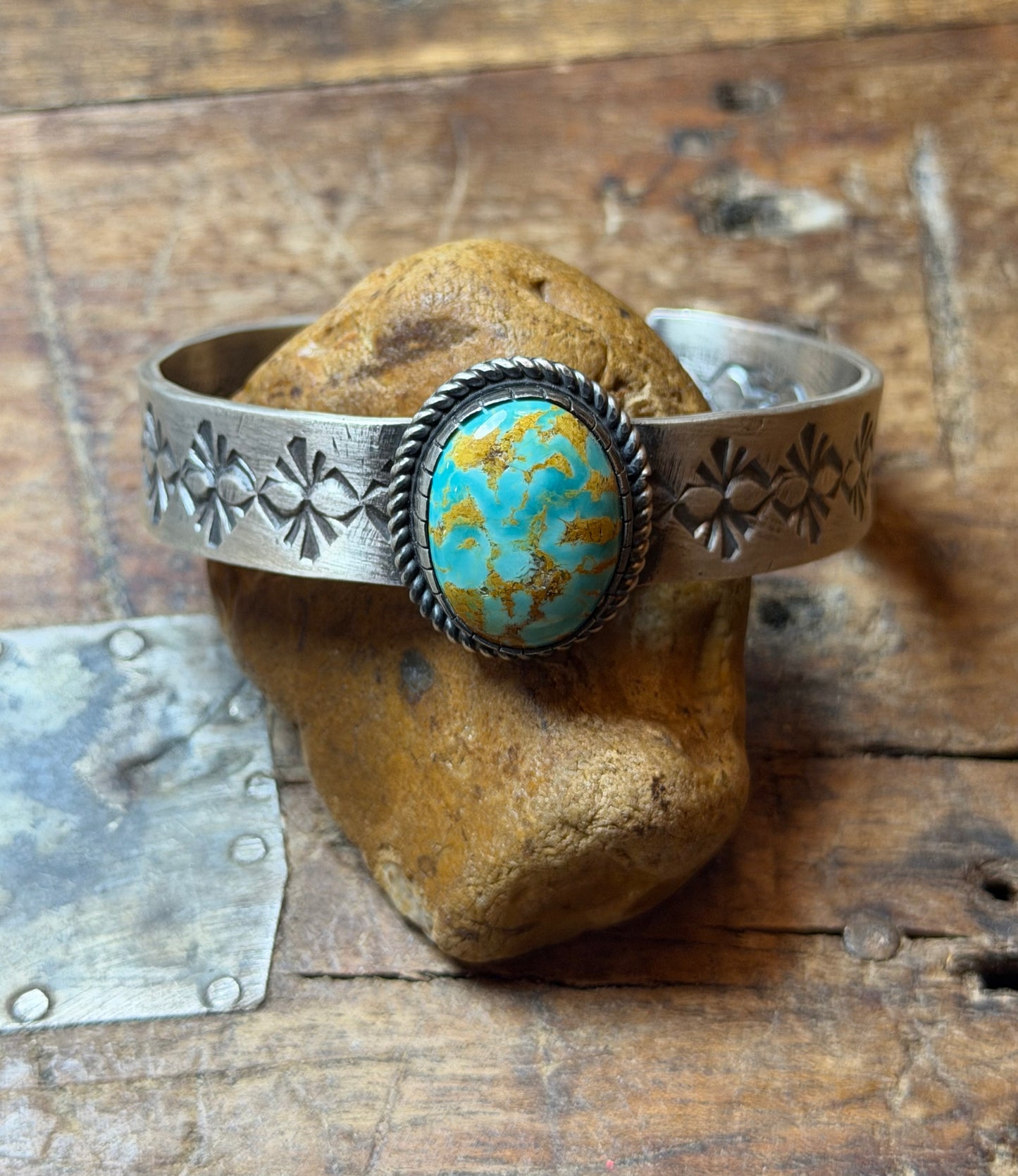 Bridgette - Sterling Cuff w Turquoise Oval Stone - 6.75"
