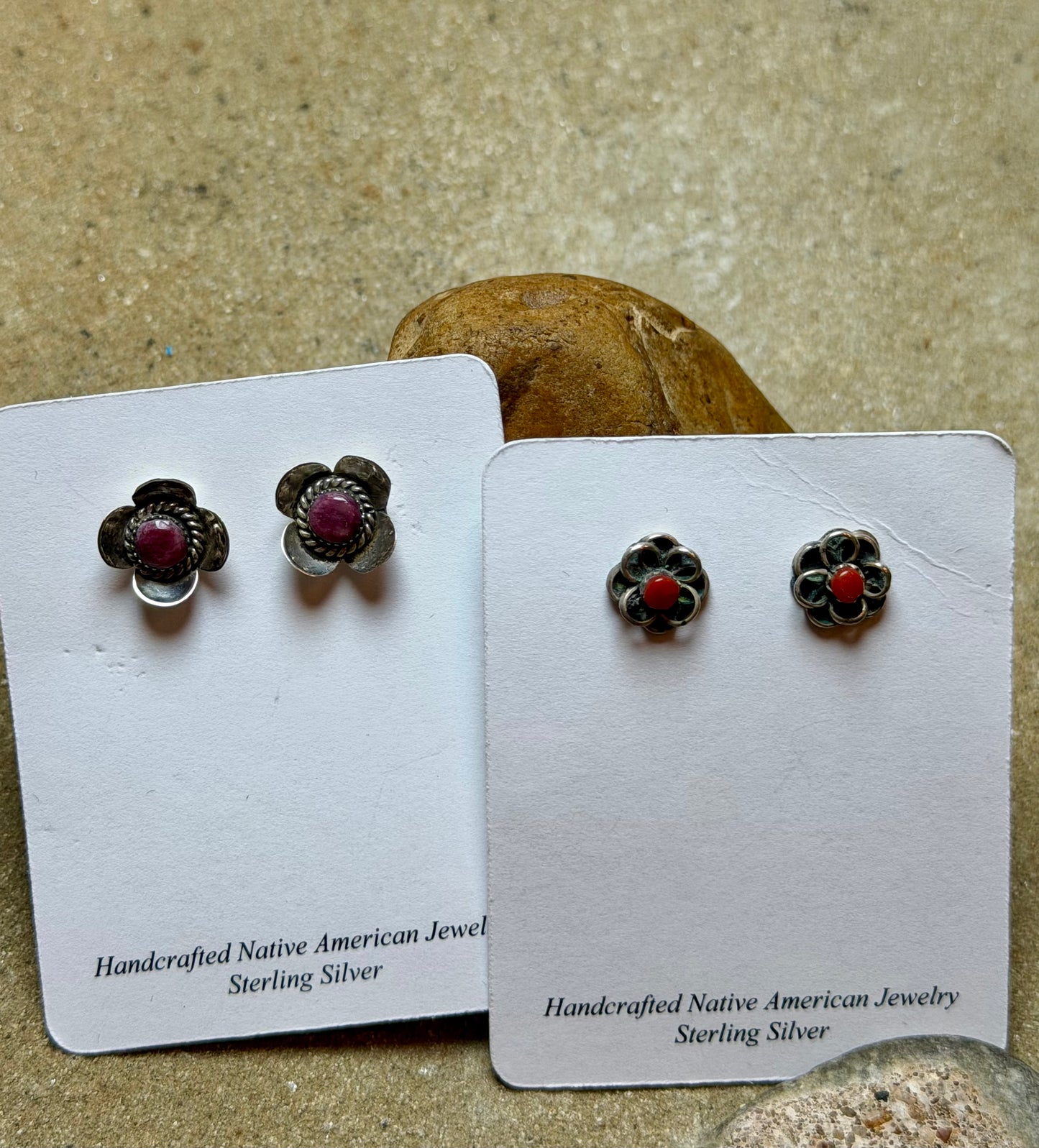 Jen - 2 Sterling Flower Stud Earrings, Coral Center and Purple Spiny Center Stones