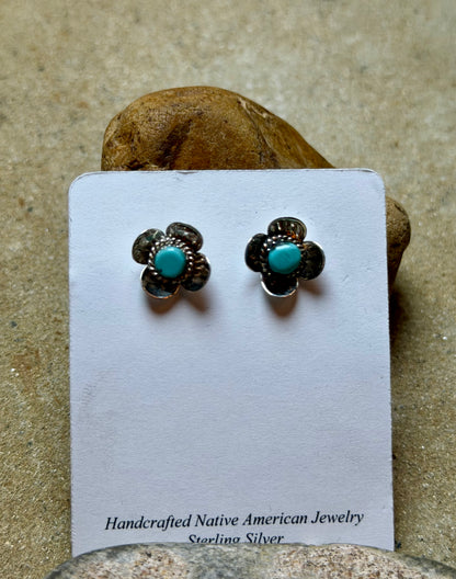 Crystal - Sterling Flower Stud Earrings w Turquoise Center Stone