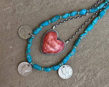 Turquoise and 3 mercury dime charms.