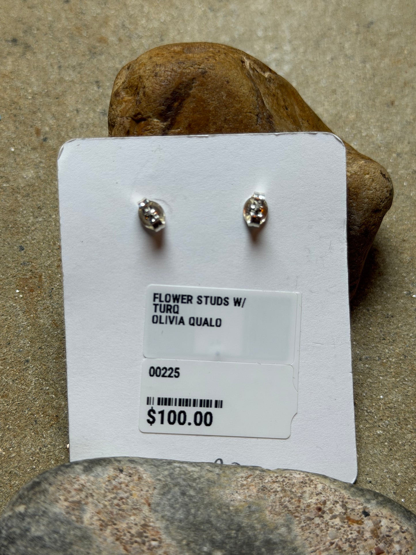 Crystal - Sterling Flower Stud Earrings w Turquoise Center Stone