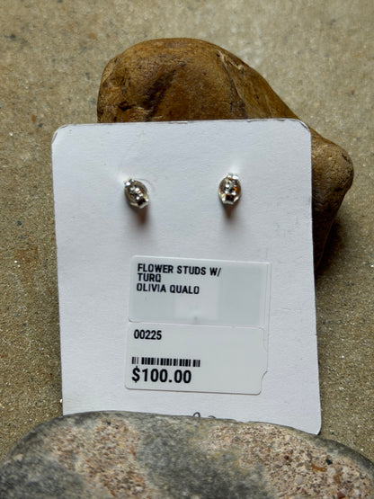 Crystal - Sterling Flower Stud Earrings w Turquoise Center Stone