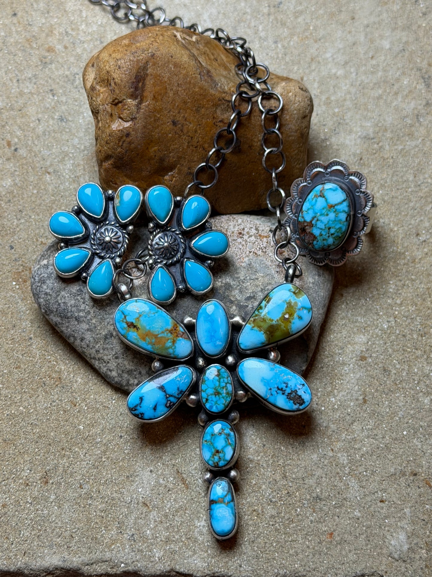Sally - Turquoise Dragonfly Necklace, Turquoise Adjustable Ring and Turquoise Earrings