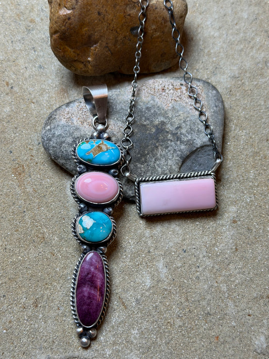 Moni - 4 Multi Stone Pendant, and Pink Conch Bar Necklace 20.25" LOng