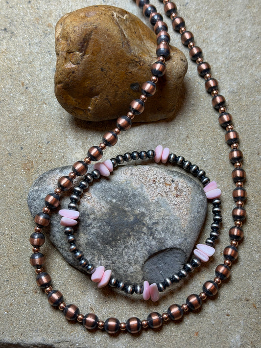 Bonnie - 6.11 Machine Made Copper Beaded Necklace 20" Long and Machine Made Stretchy Bracelet w Pink Conch Stones