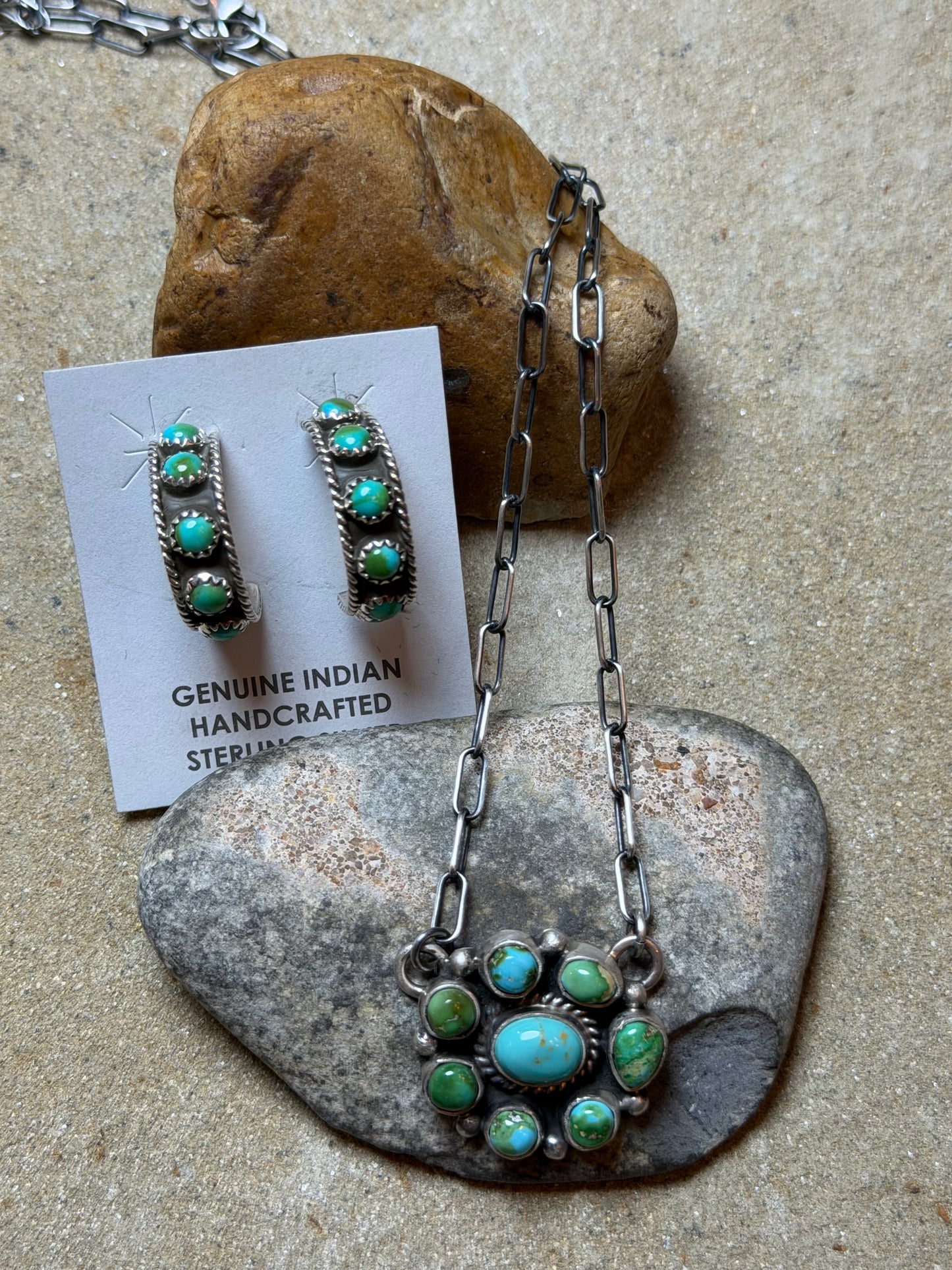 Ashley - Mini Turquoise Cluster Bar Style Necklace and Sterling Hoop Earrings w Turquoise Stones