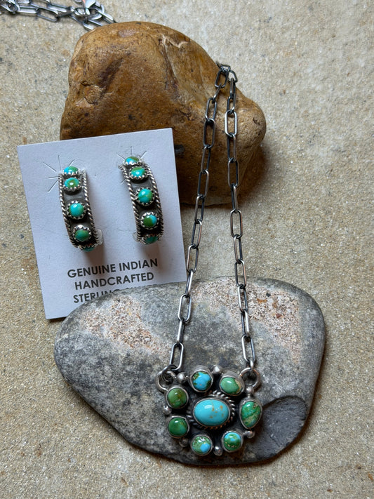 Ashley - Mini Turquoise Cluster Bar Style Necklace and Sterling Hoop Earrings w Turquoise Stones