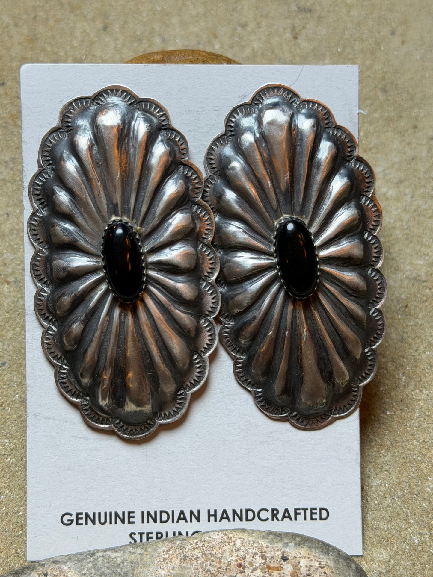 Alicia - Rita Lee Sterling Concho Earrings w Black Onyx Stones