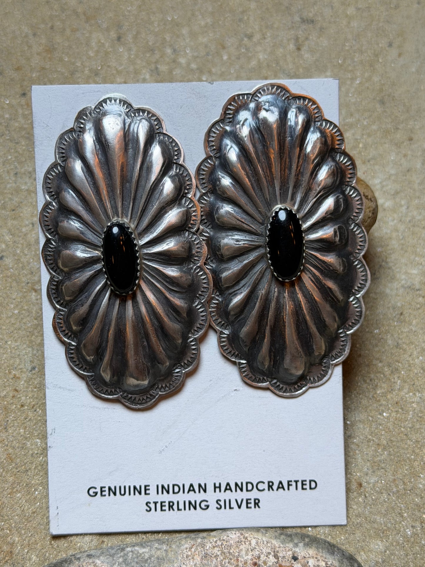 Liz - Rita Lee Sterling Concho Earrings w Black Onyx Stones