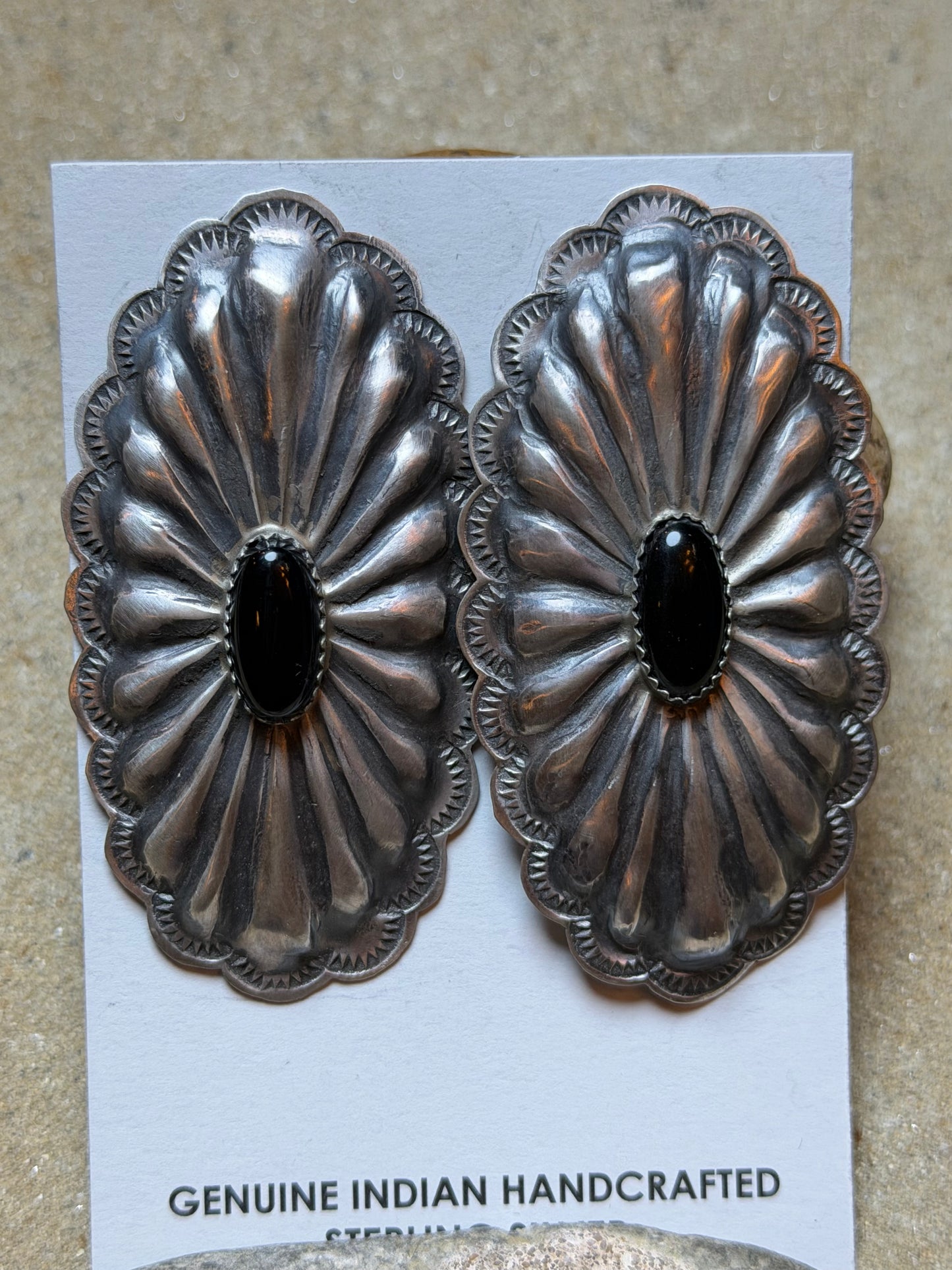Hannah - Rita Lee Sterling Concho Earrings w Black Onyx Stones