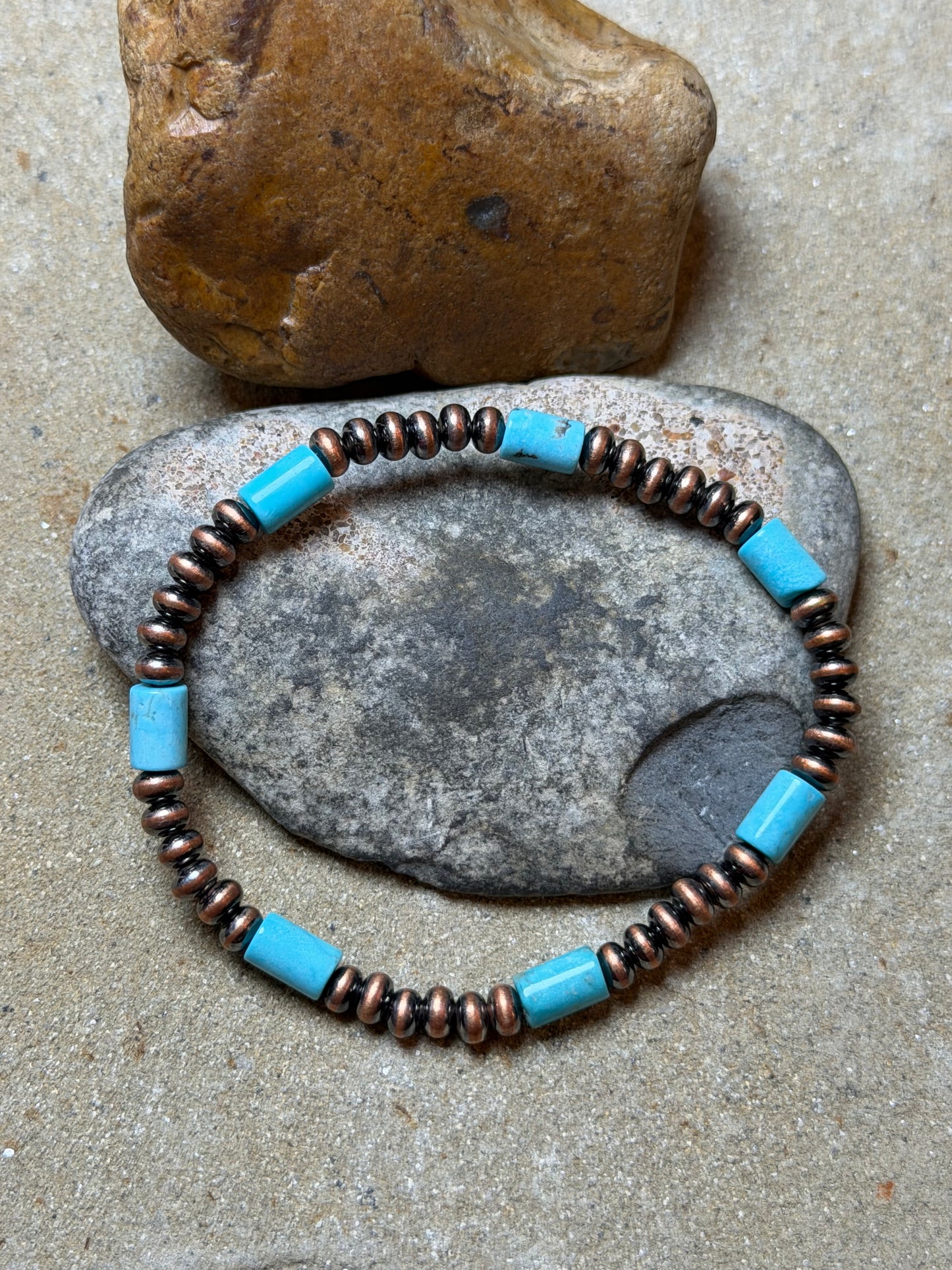 Carolyn - 4.42mm Machine Made Copper Saucer Beaded Stretchy Bracelet w Turquoise Barrels