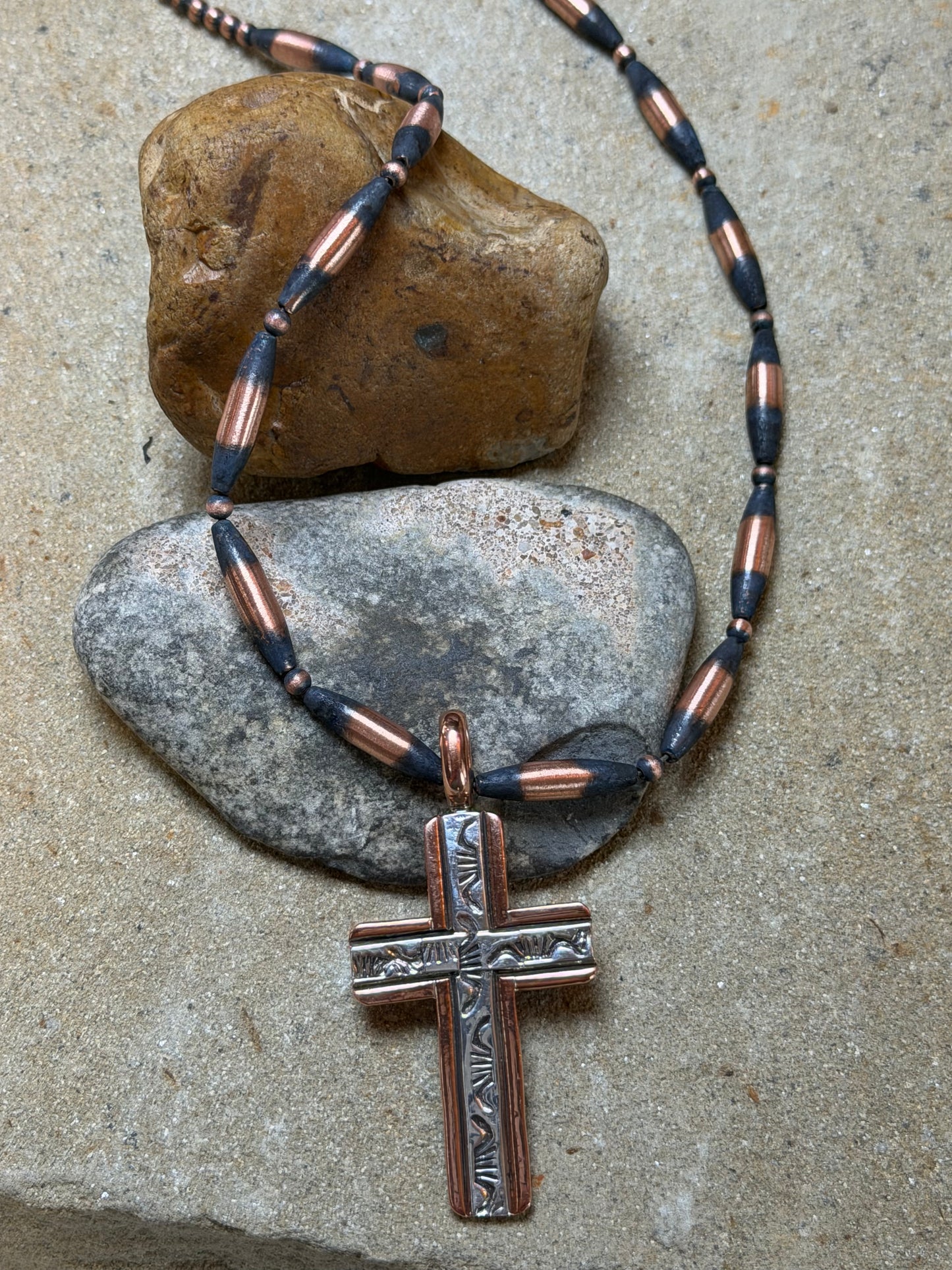 Libby - 4.6mm Machine Made Torpedo Copper Necklace 18.25" Long w Copper and Sterling Cross Pendant