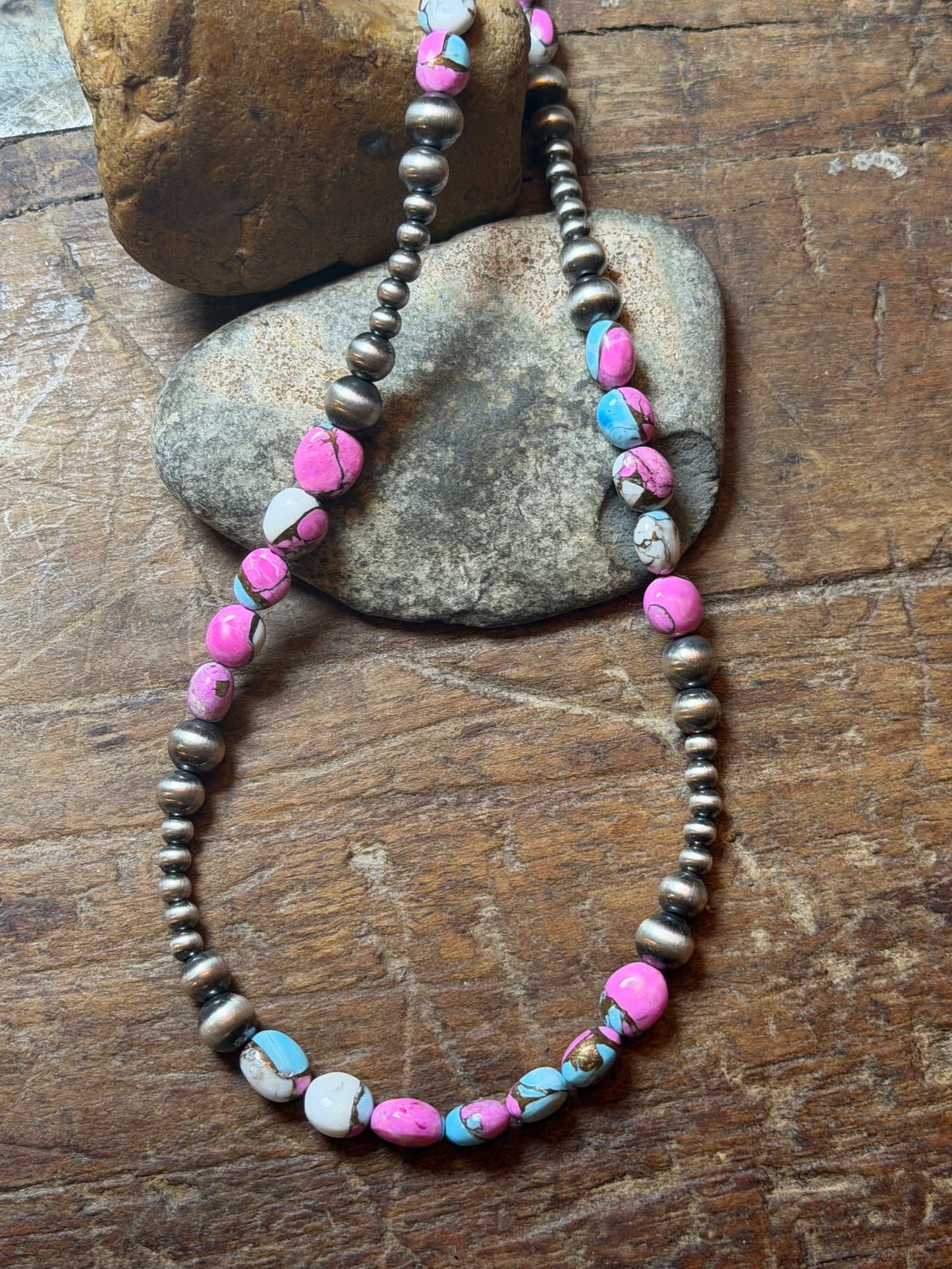 J Jones - Graduated Machine Made Beaded Necklace w Cotton Candy Beads