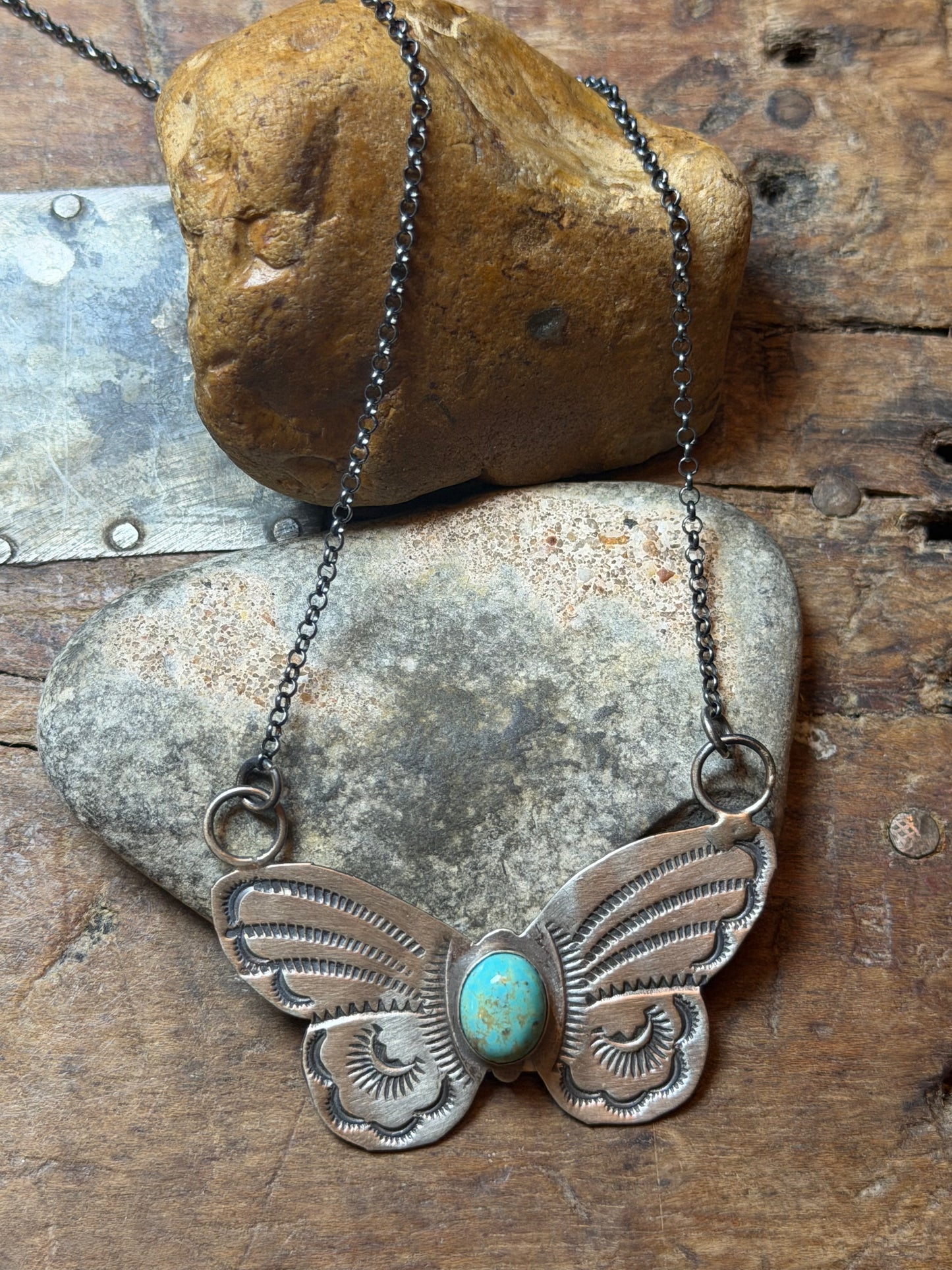 Yyvette - Sterling Butterfly Necklace w Turquoise Stone - 18.25" Long