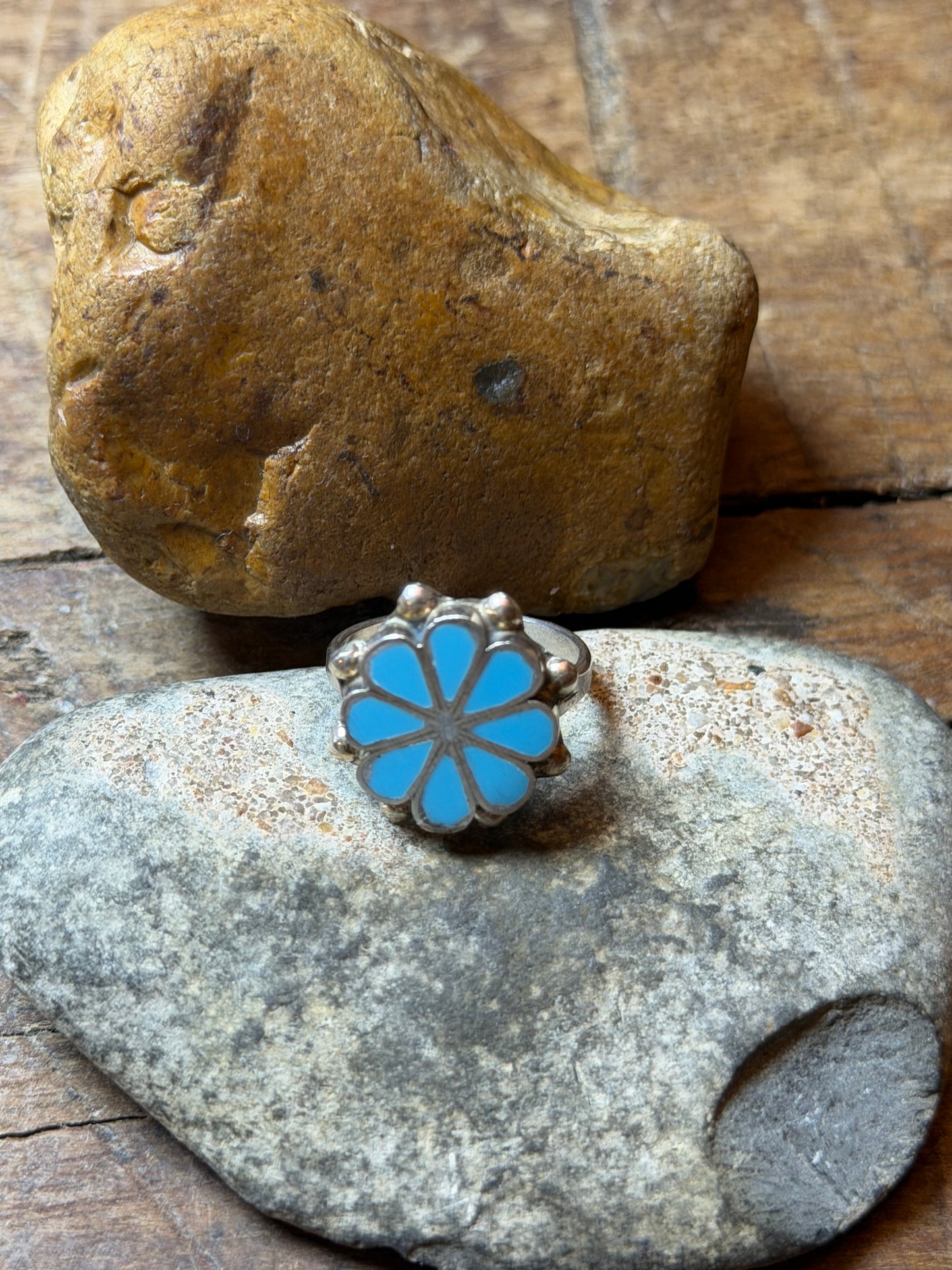 Stacy - Sterling Flower w Turquoise Inlay - Size 7