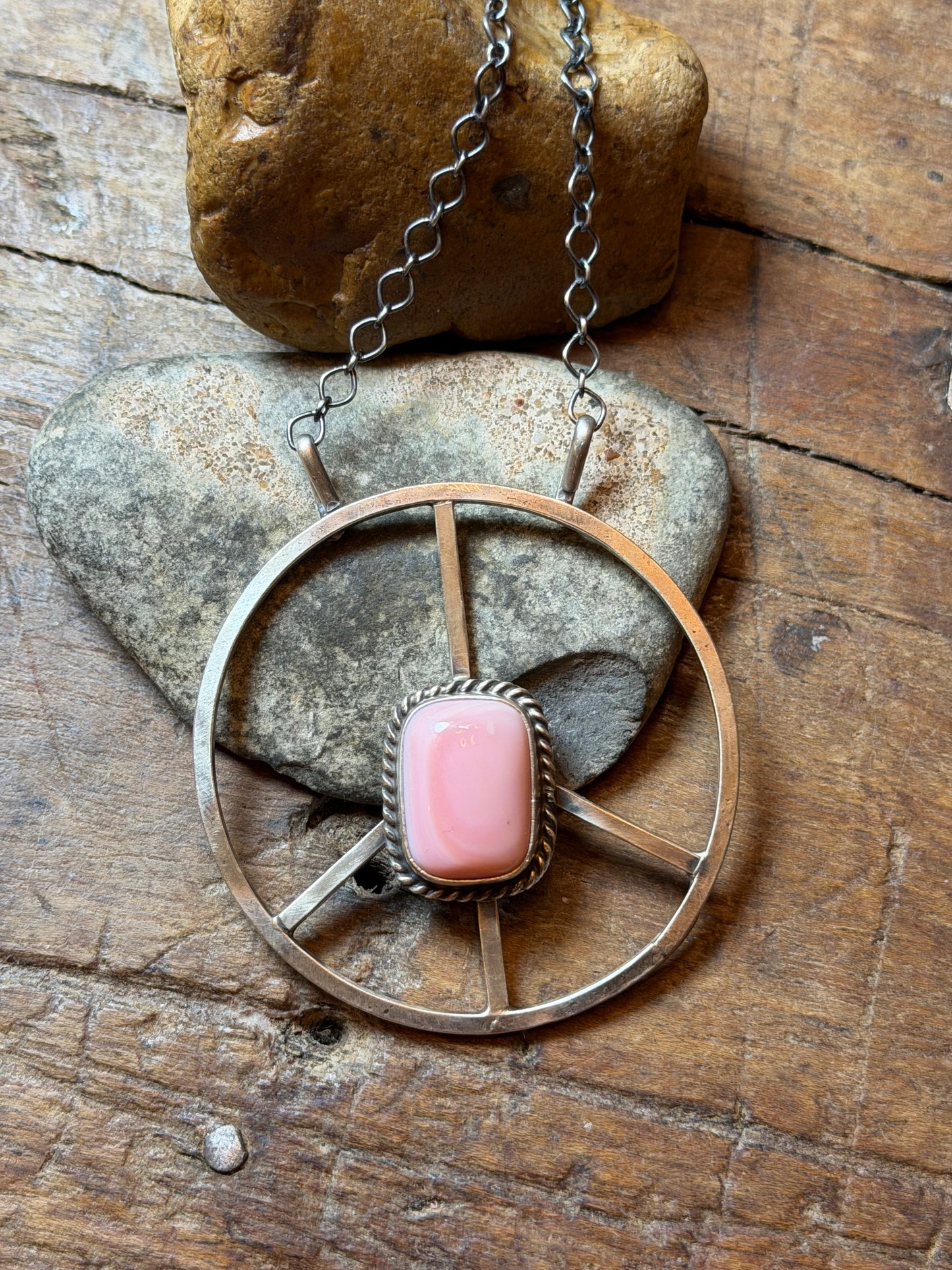 Sally - Sterling Peace Sign Necklace w Pink Conch Stone - 19-5/8" Long