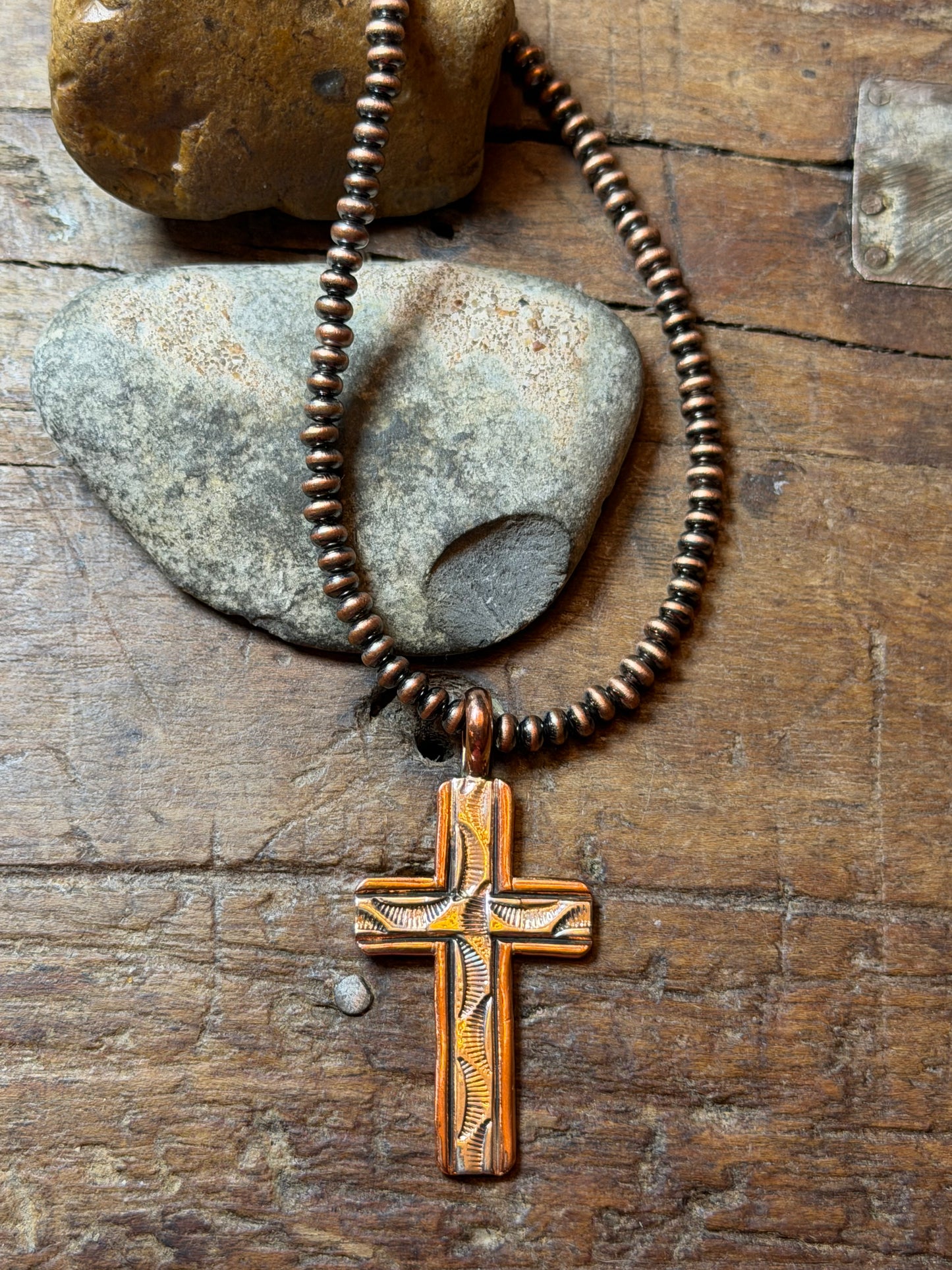 Zarek - 4.81mm Machine Made Copper Saucer Beaded Necklace - 20" Long and Copper and Sterling Cross Pendant