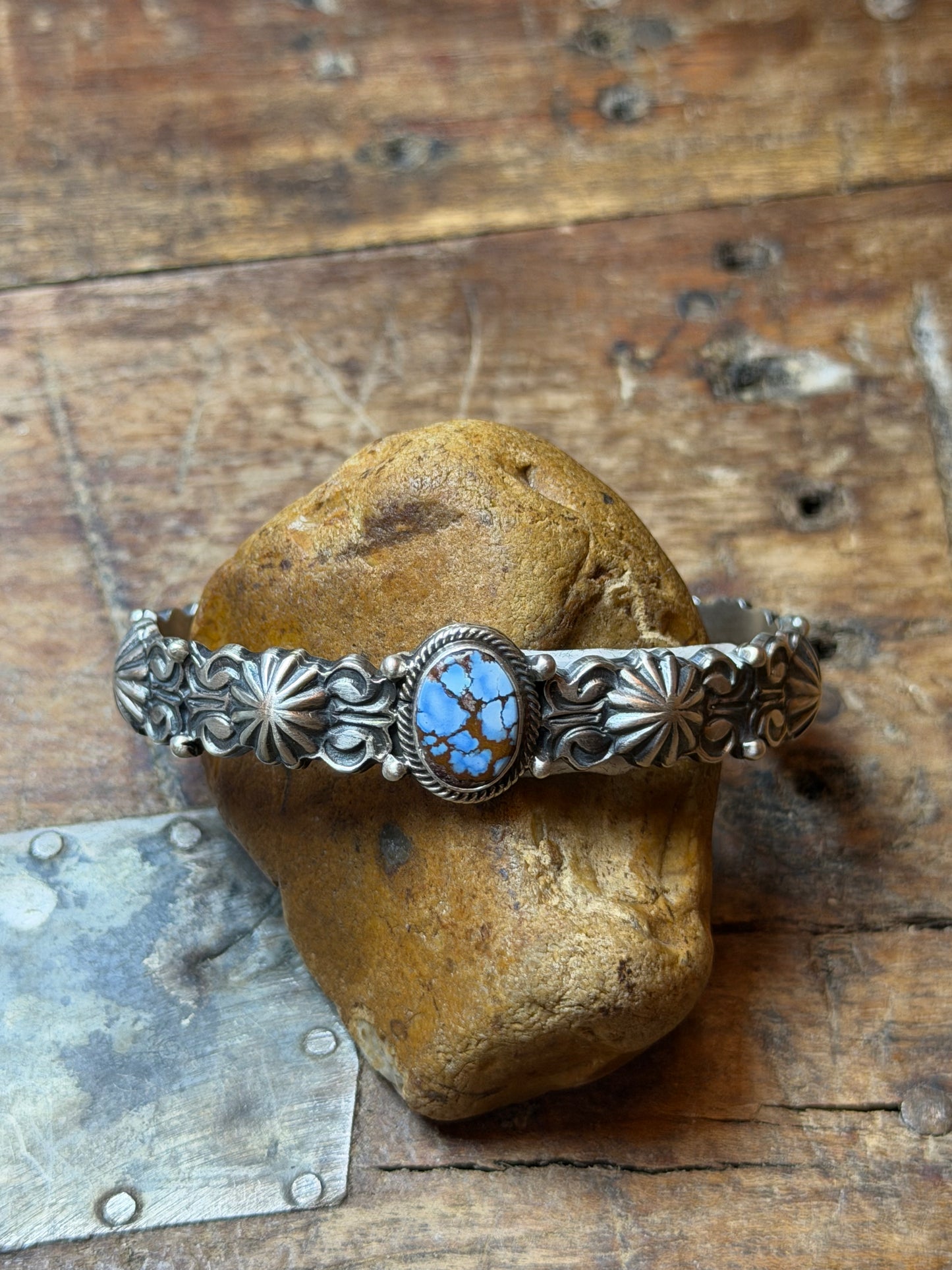 Sally - Sterling Cuff w Golden Hills Stone - 6-1/8"