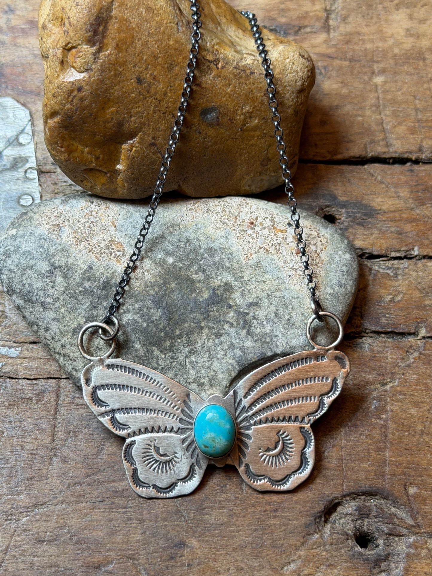 C Honey - Sterling Butterfly Necklace w Turquoise Stone - 18" Long
