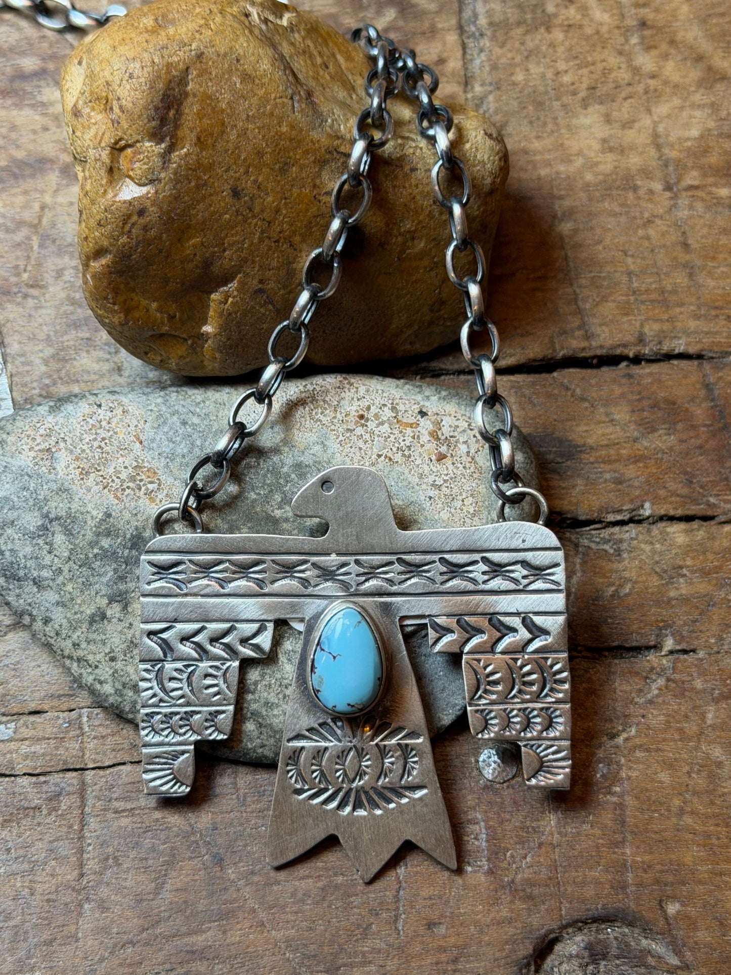 Lydia - Sterling Thunderbird Necklace w Turquoise Stone - 19" Long
