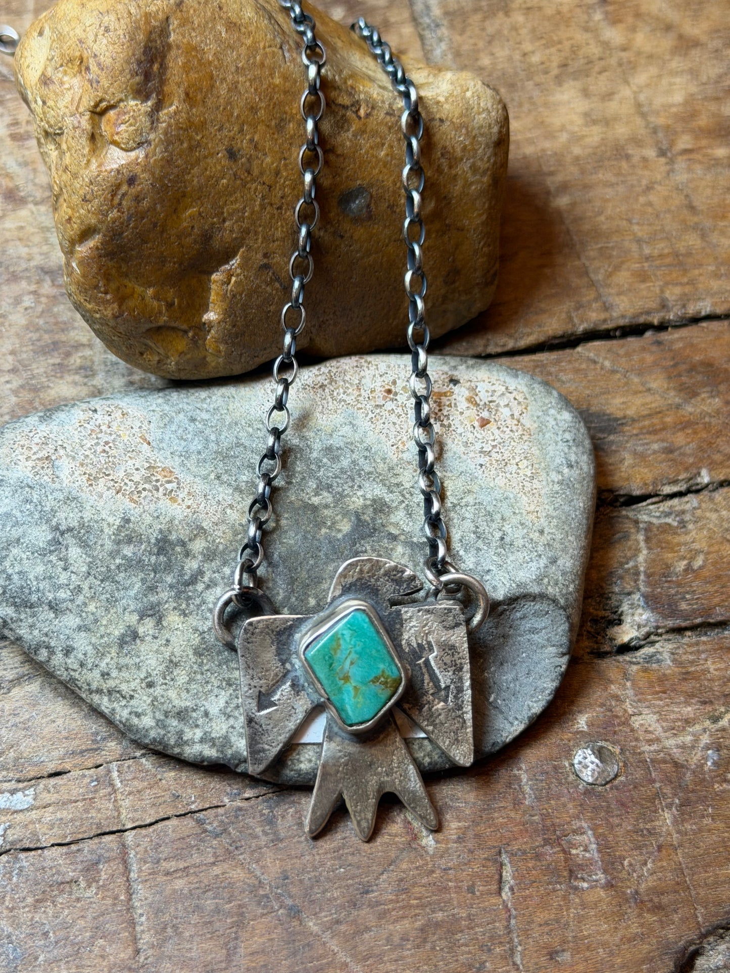 Amber - Sterling Thunderbird Necklace w Turquoise Stone - 17.5" Long