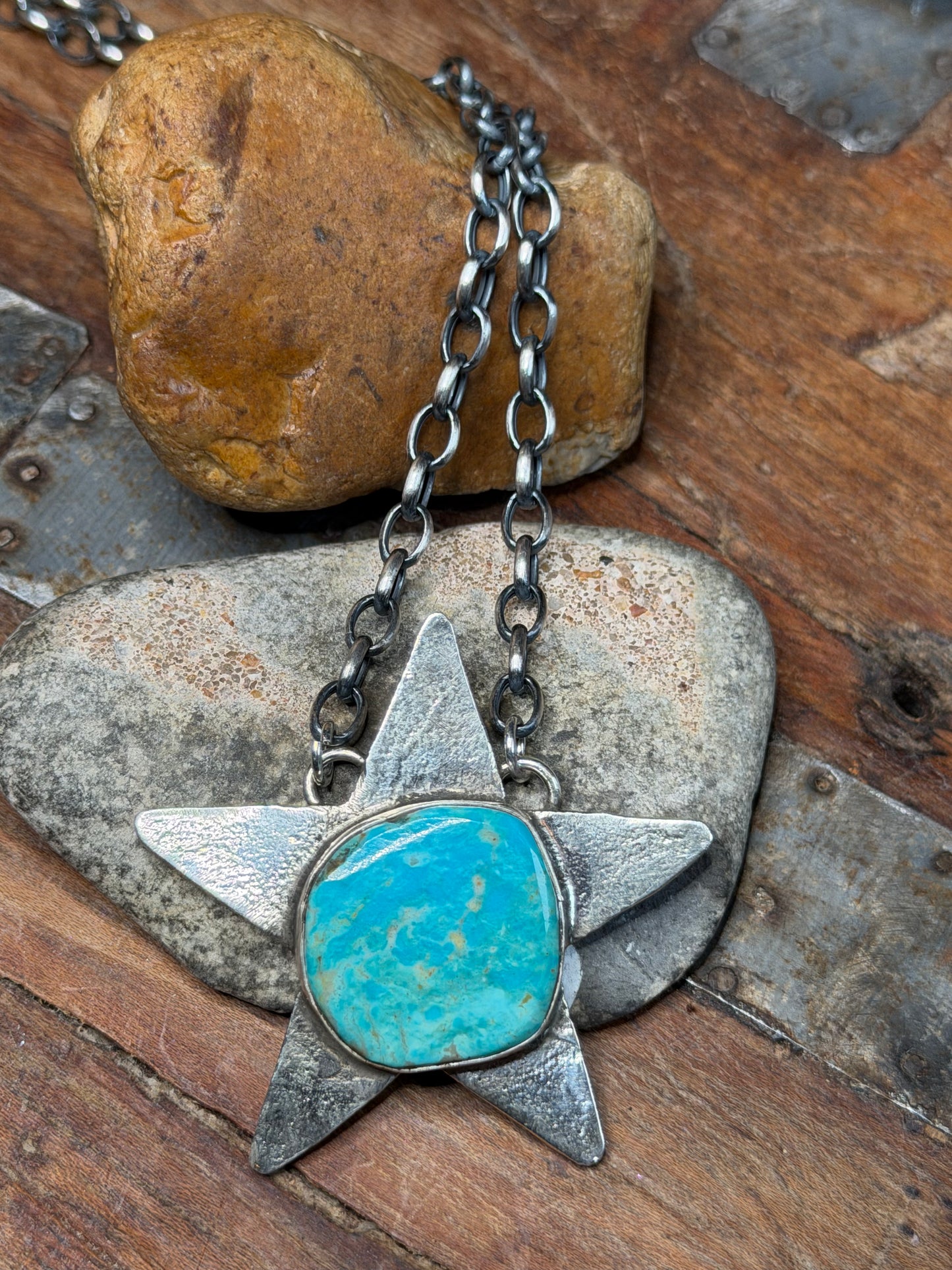 Sally - Sterling Star Necklace w Turquoise Stone - 17" Long