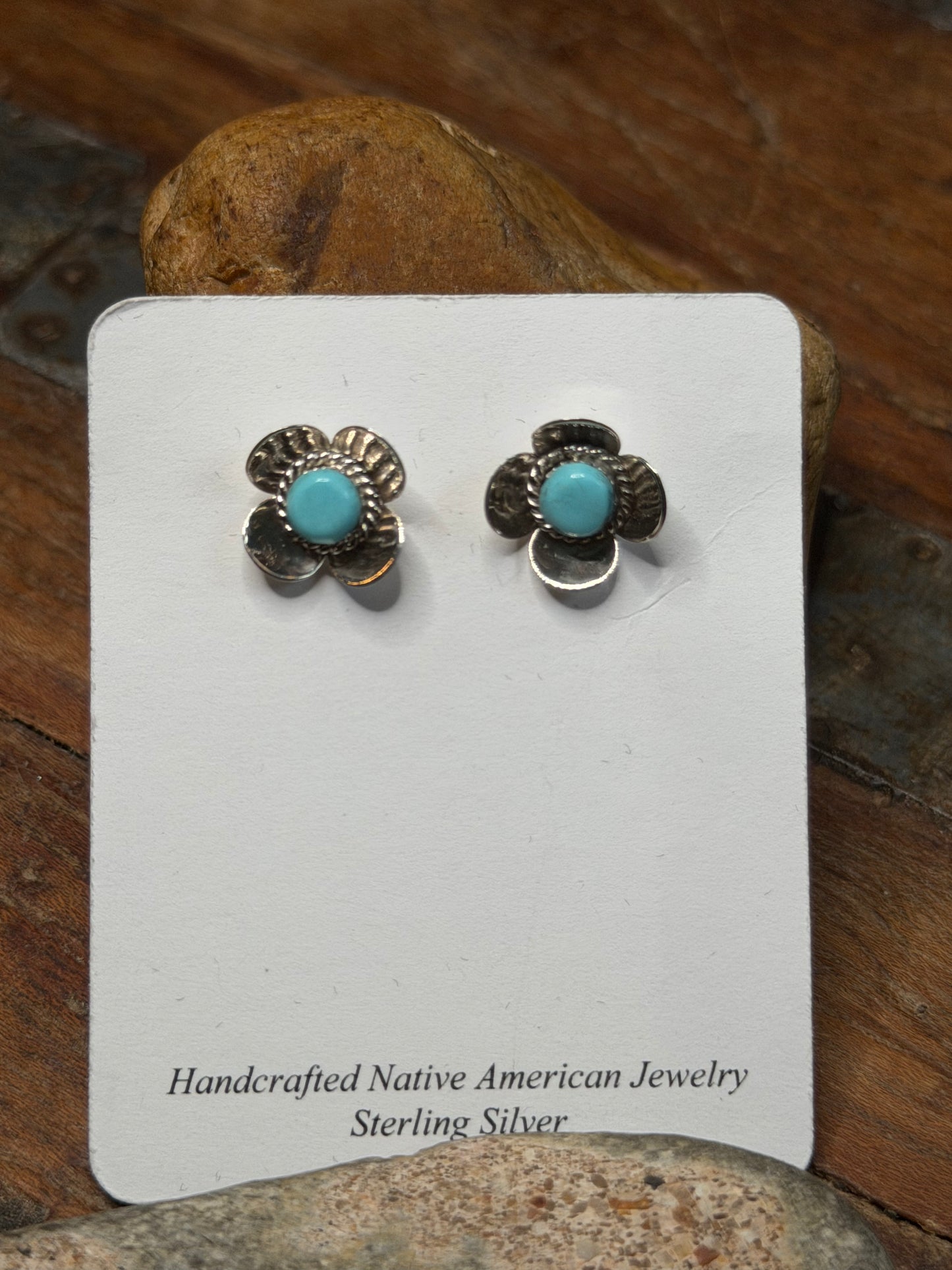 Stacey - Sterling Flower Stud Earrings w Turquoise Stones