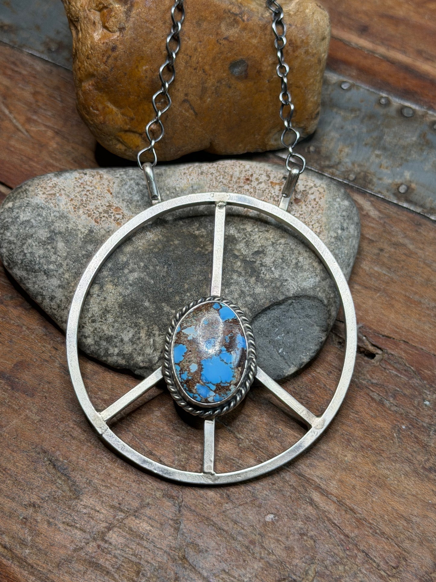 Lindsay - Sterling Peace Sign Necklace w Golden Hills Stone - 19" Long