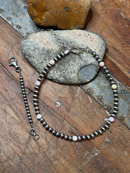 4mm Machine Made Beaded Anklet w Pink Conch Beads and Machine Made Beaded Necklace Extender