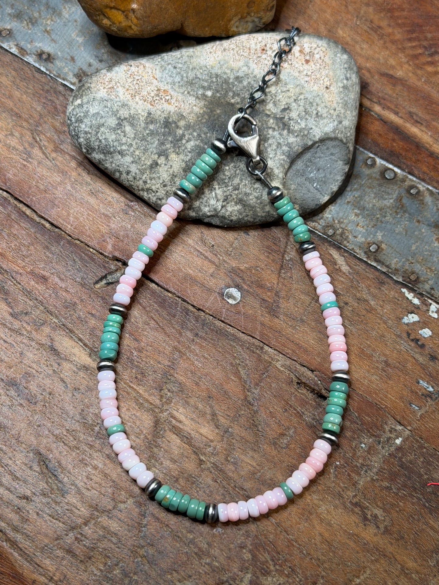 Ginger - Pink Conch and Turquoise Beaded Anklet - 9.25" to 11.25" Long