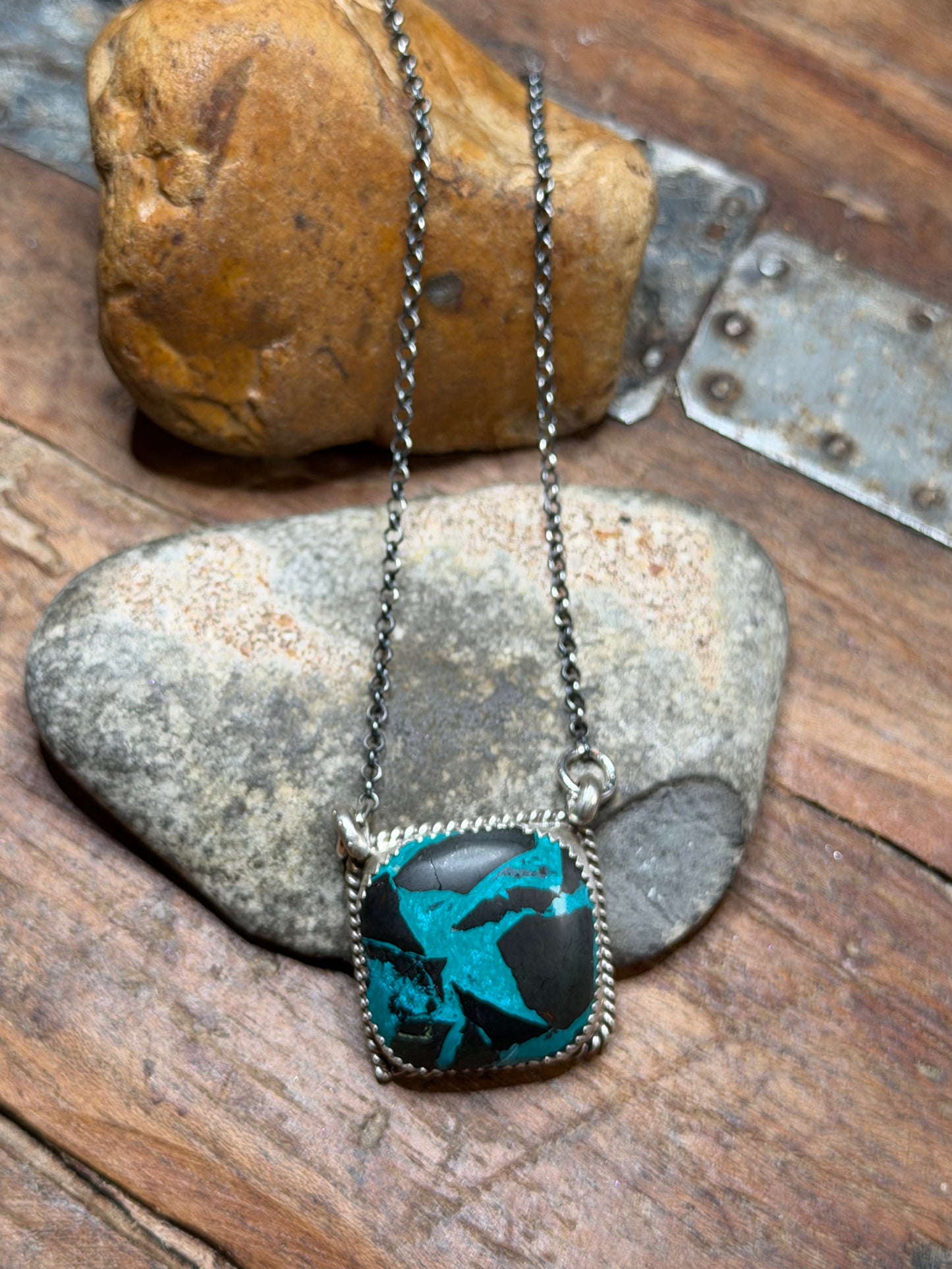 Tara - Black and Turquoise Compressed Stone Square Bar Necklace(check out x2)