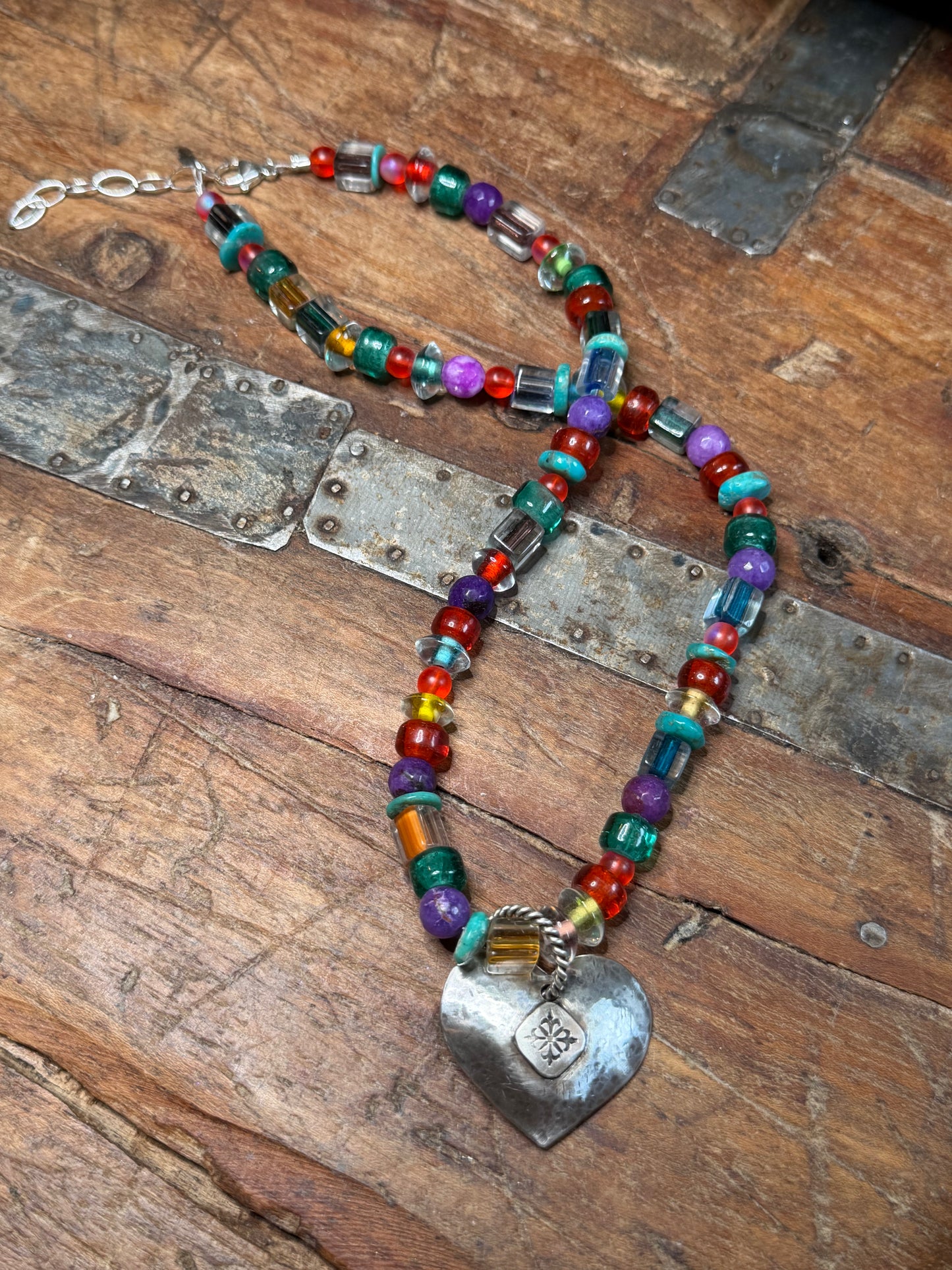 Mel - Carnival Bead Necklace W Heart Pendant - 18-3/8" to 20-3/8" Long