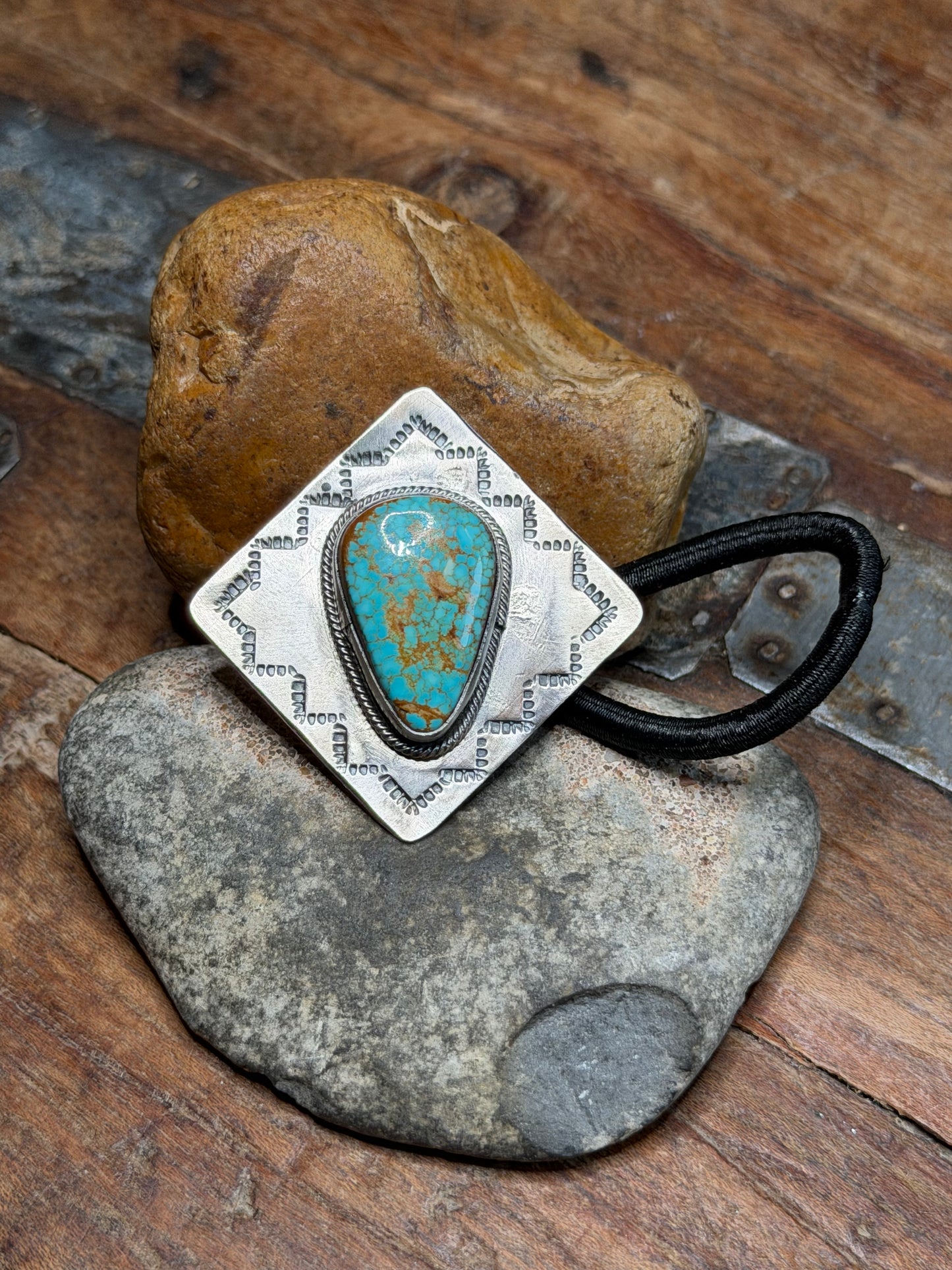 Kimberly - Silver Square w Turquoise Hair Tie
