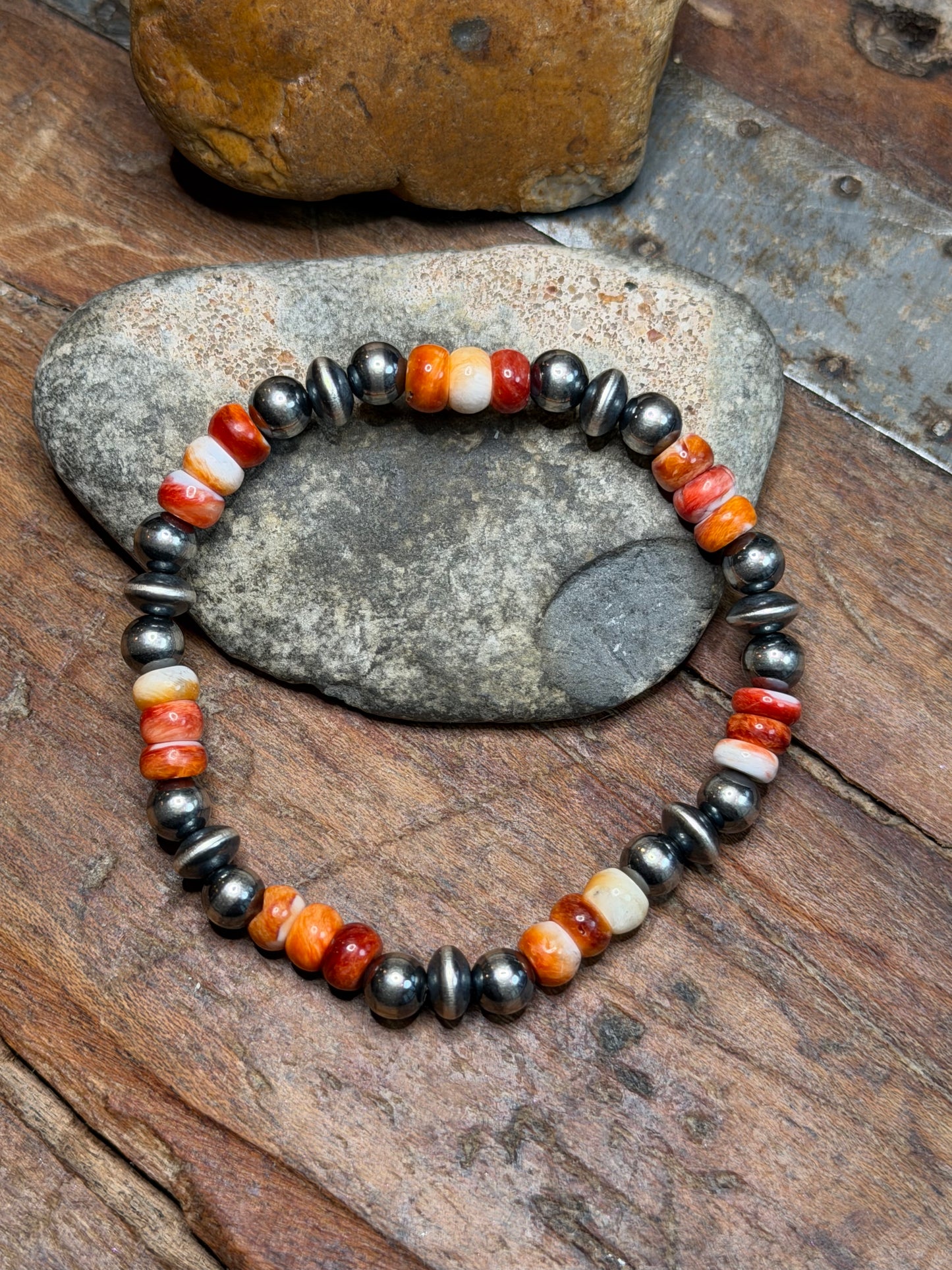 Kassie - 6mm Machine Made Beaded w Orange and Red Spiny Stretchy Bracelet