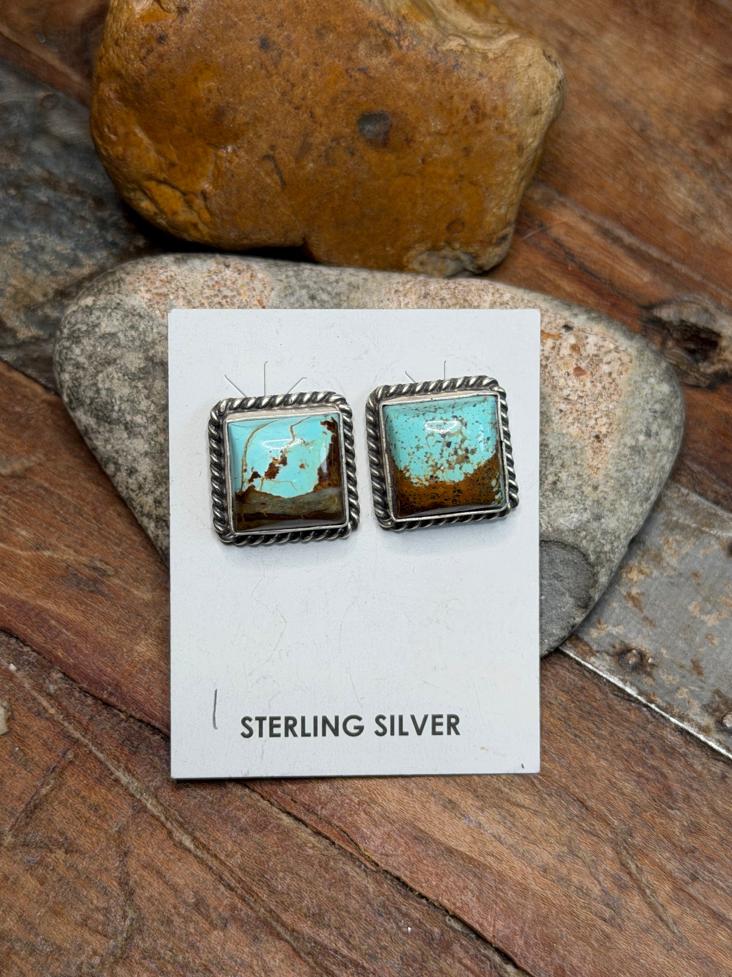 Jackie Rose - Turquoise Medium Bar Necklace - 17-1/8" Long and Turquoise Square Stud Earrings