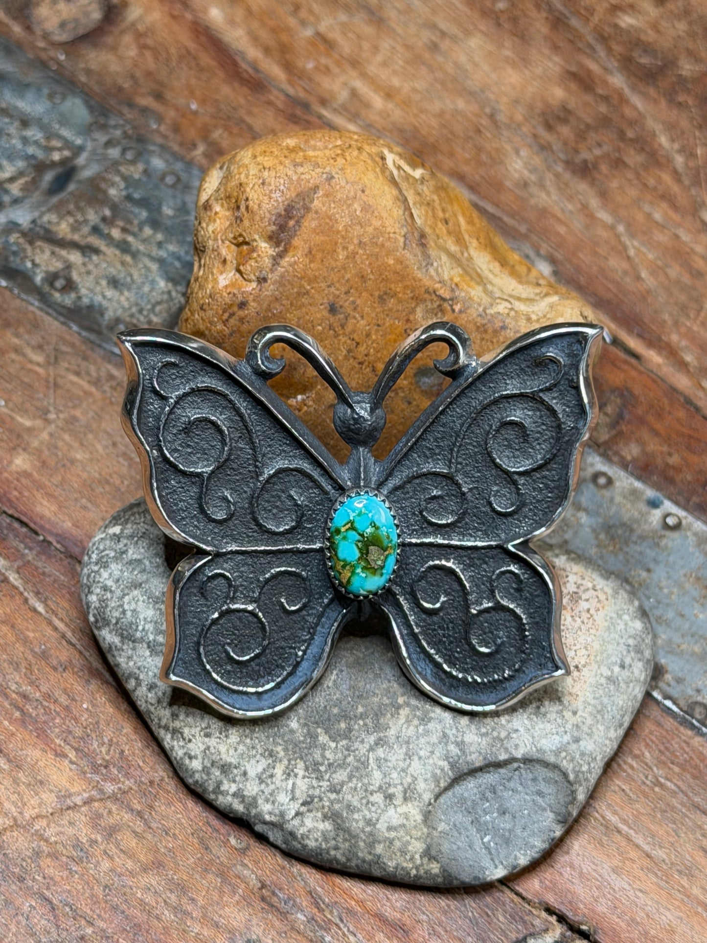 Silver Butterfly Adjustable Ring w Sonoran stone