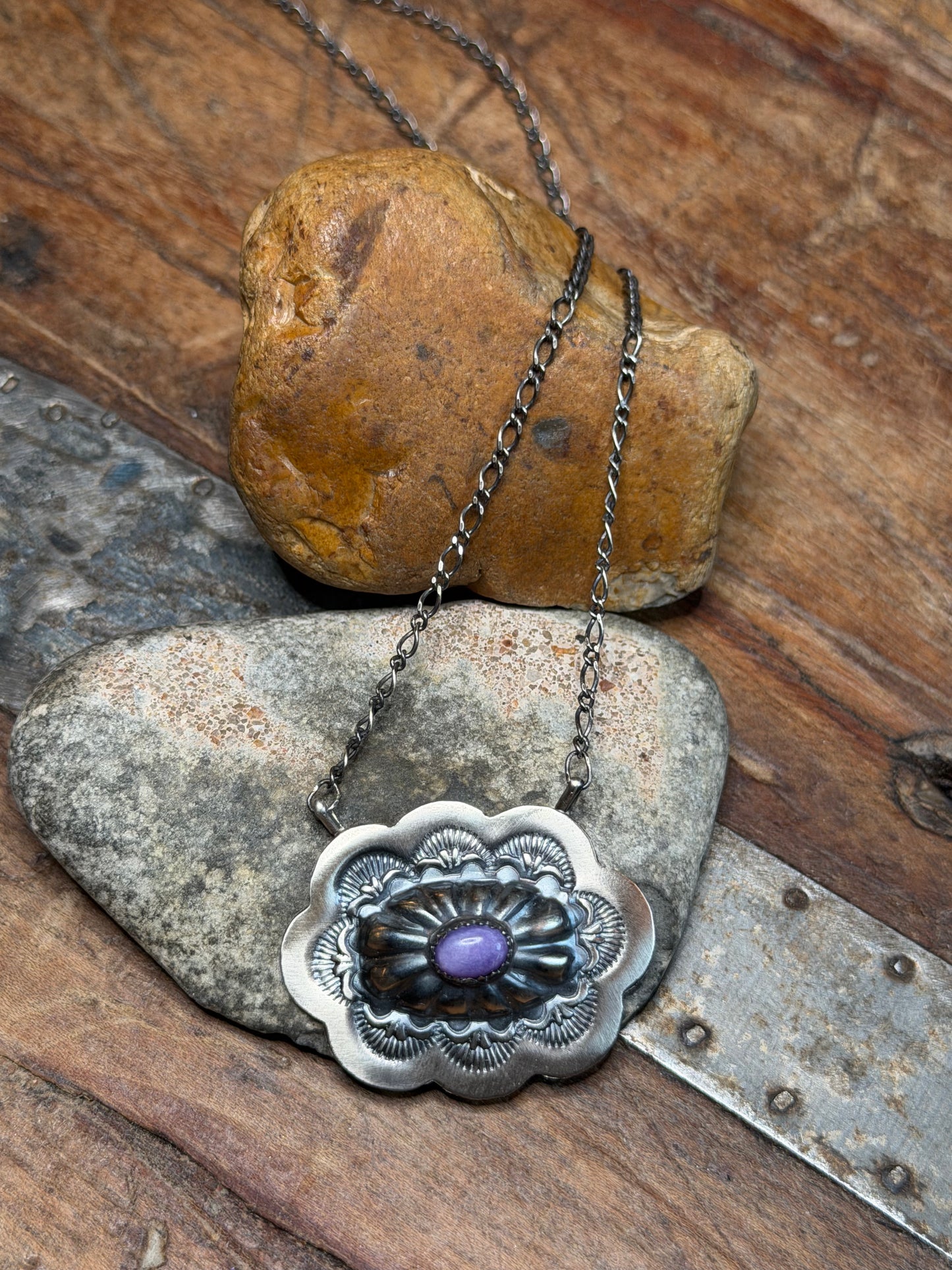 Bridgette - Concho Bar Style Necklace w Purple Stone - 20" Long